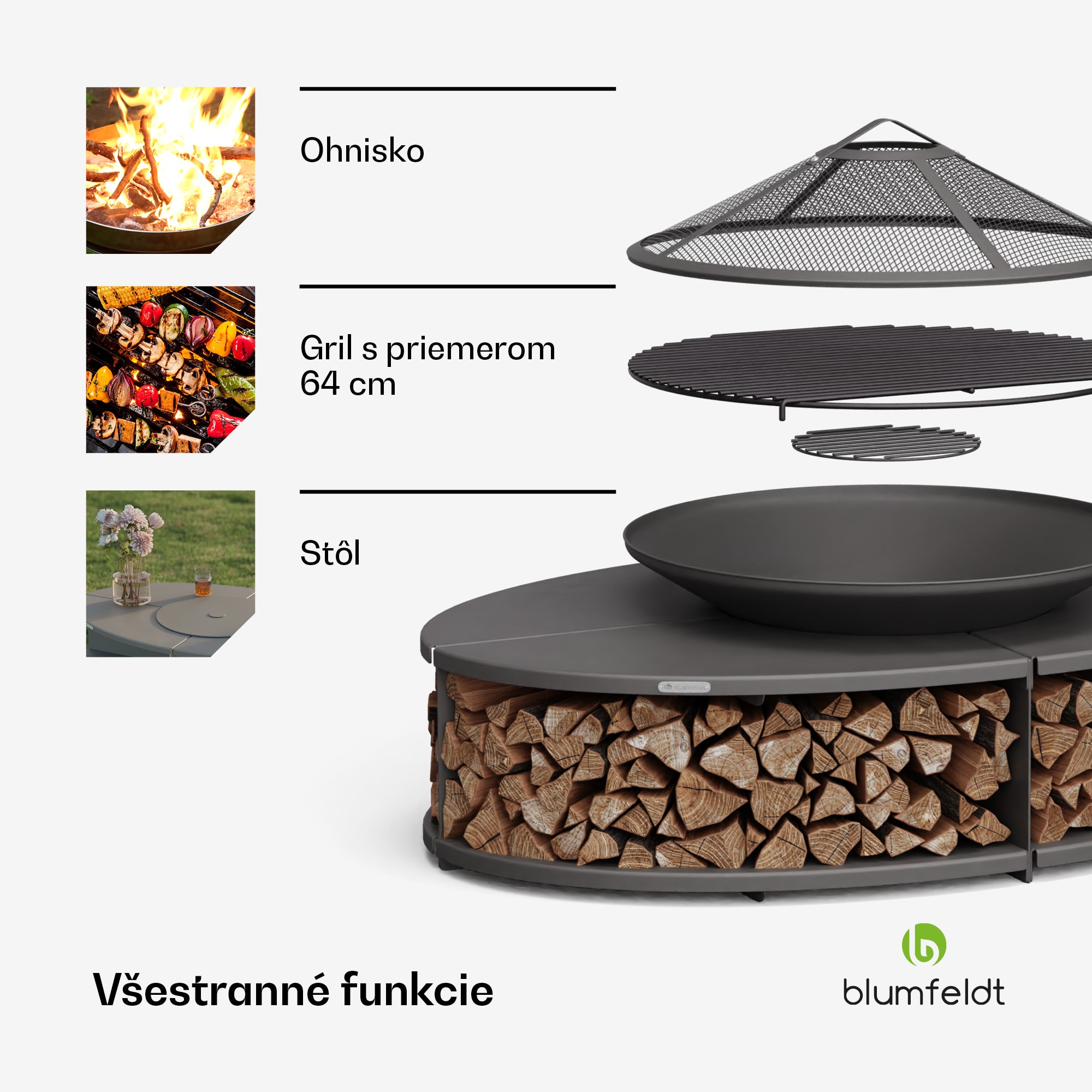 Blumfeldt Firebowl Ebeko 3 v 1, možno použiť ako gril alebo stôl, grilovací rošt + ochrana proti iskrám – Obrázok 2