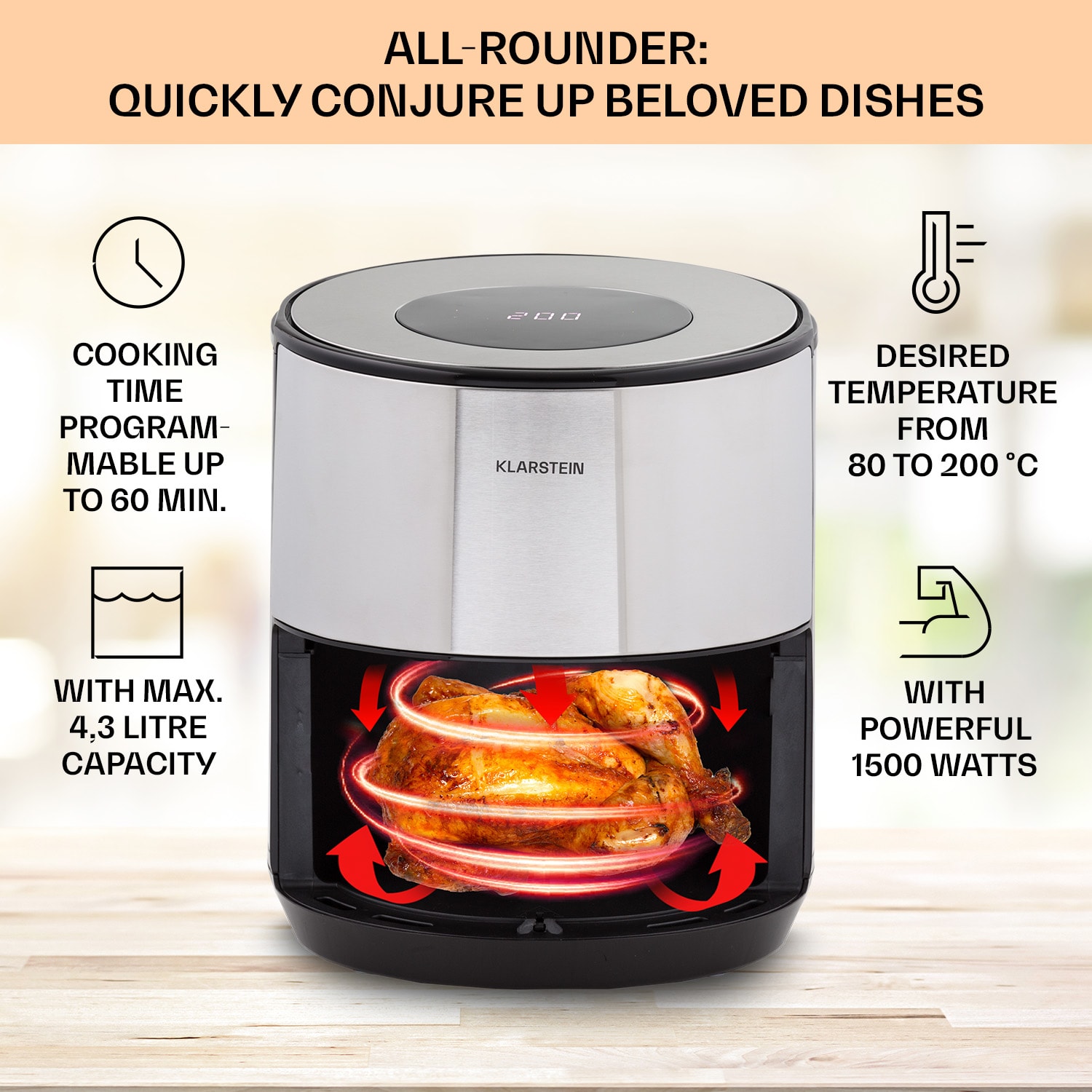 Klarstein Crisp-Pro, teplovzdušná fritéza, 1500 W, 4,3 l, nehrdzavejúca oceľ