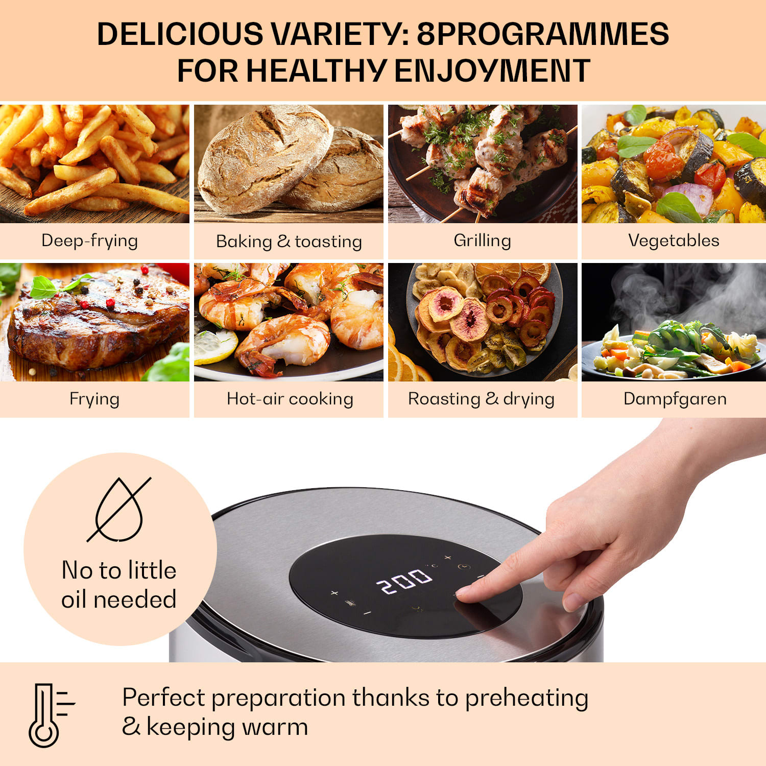 Klarstein Crisp-Pro, teplovzdušná fritéza, 1500 W, 4,3 l, nehrdzavejúca oceľ – Obrázok 2