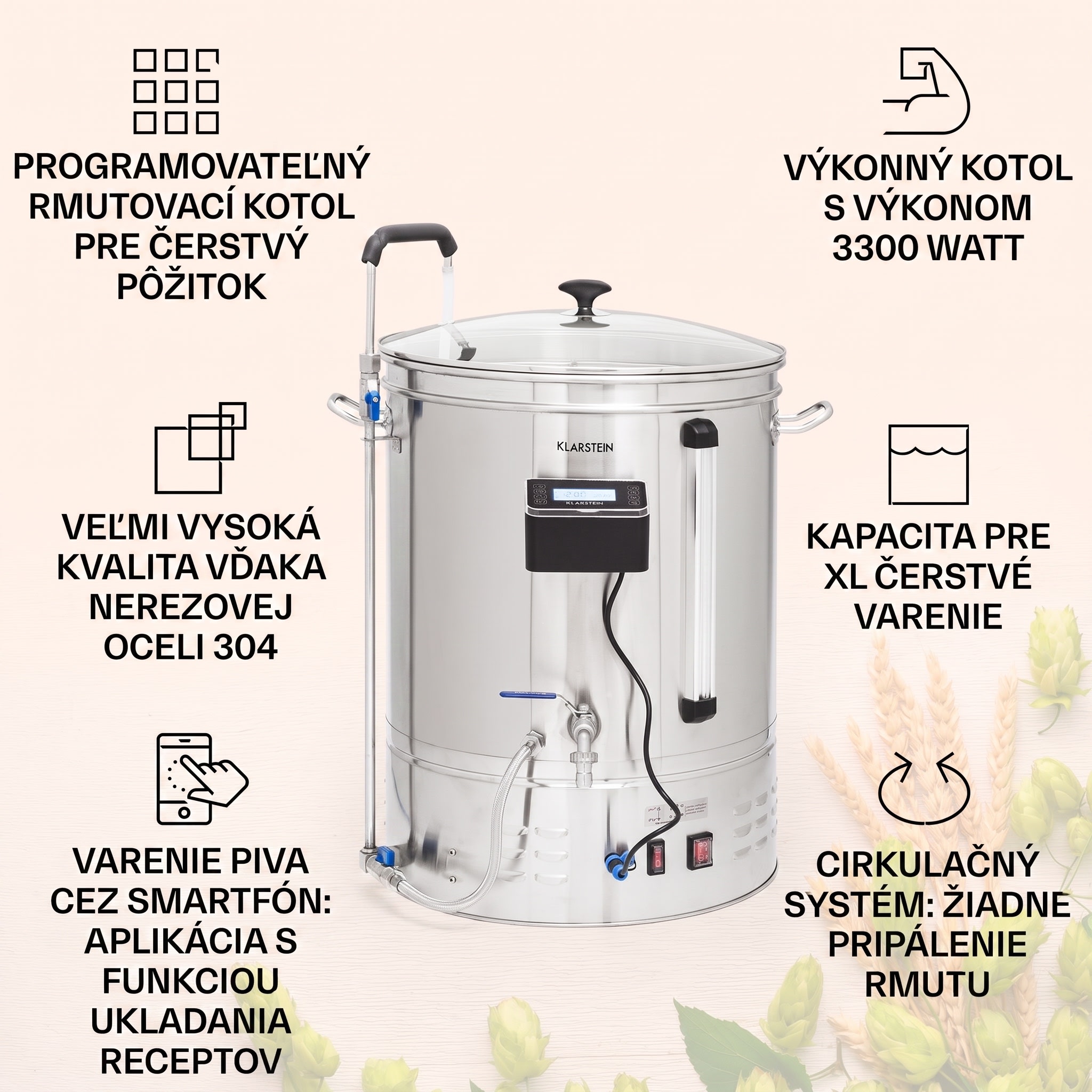 Klarstein Brauheld Smart 65, rmutovací kotol, 65 l, 2500 W, 100 °C, obehové čerpadlo, nehrdzavejúca oceľ – Obrázok 2