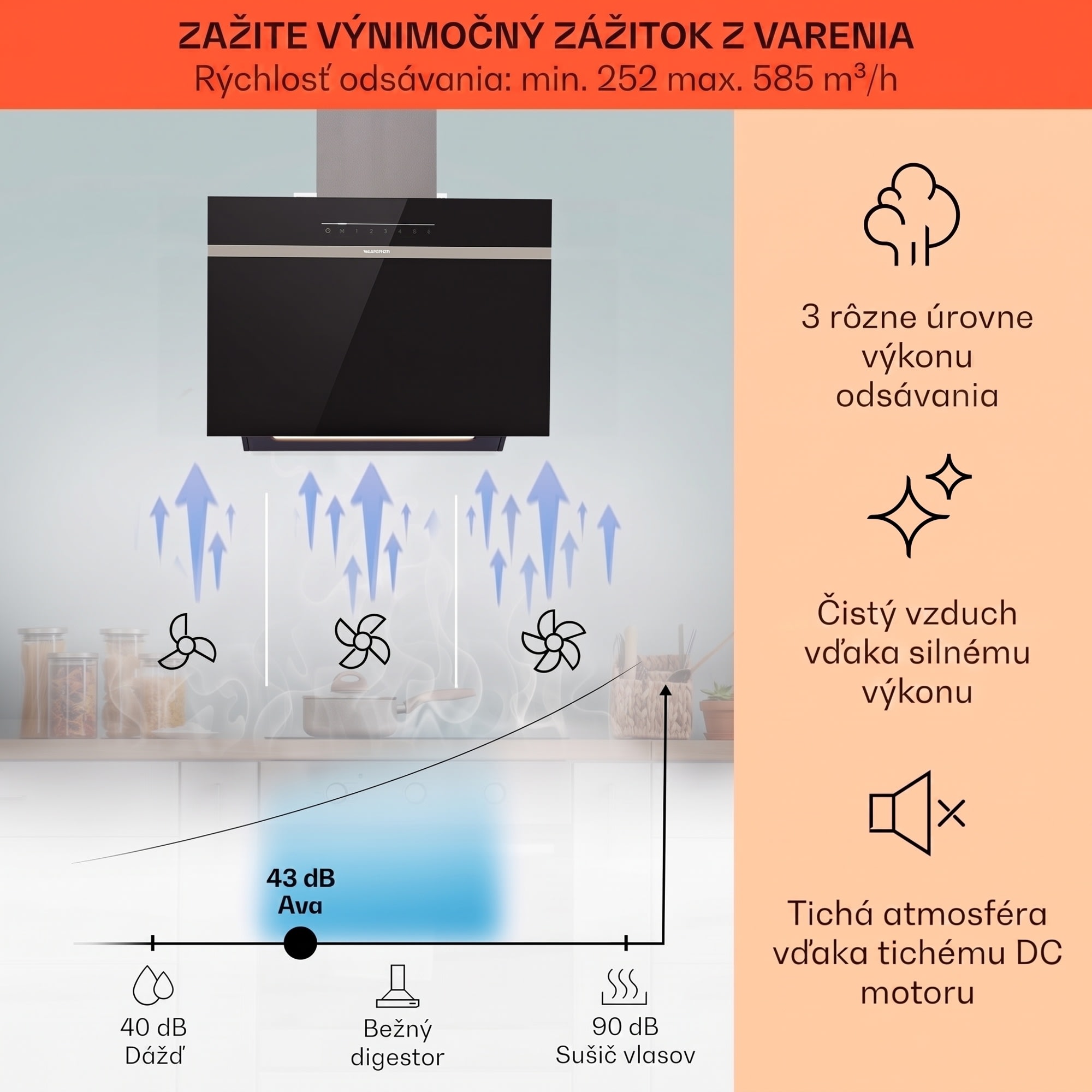 Klarstein Ava 60 Smart, digestor, 60cm, nástenný, WiFi, A++, 585 m³/h, dotykový displej – Obrázok 2