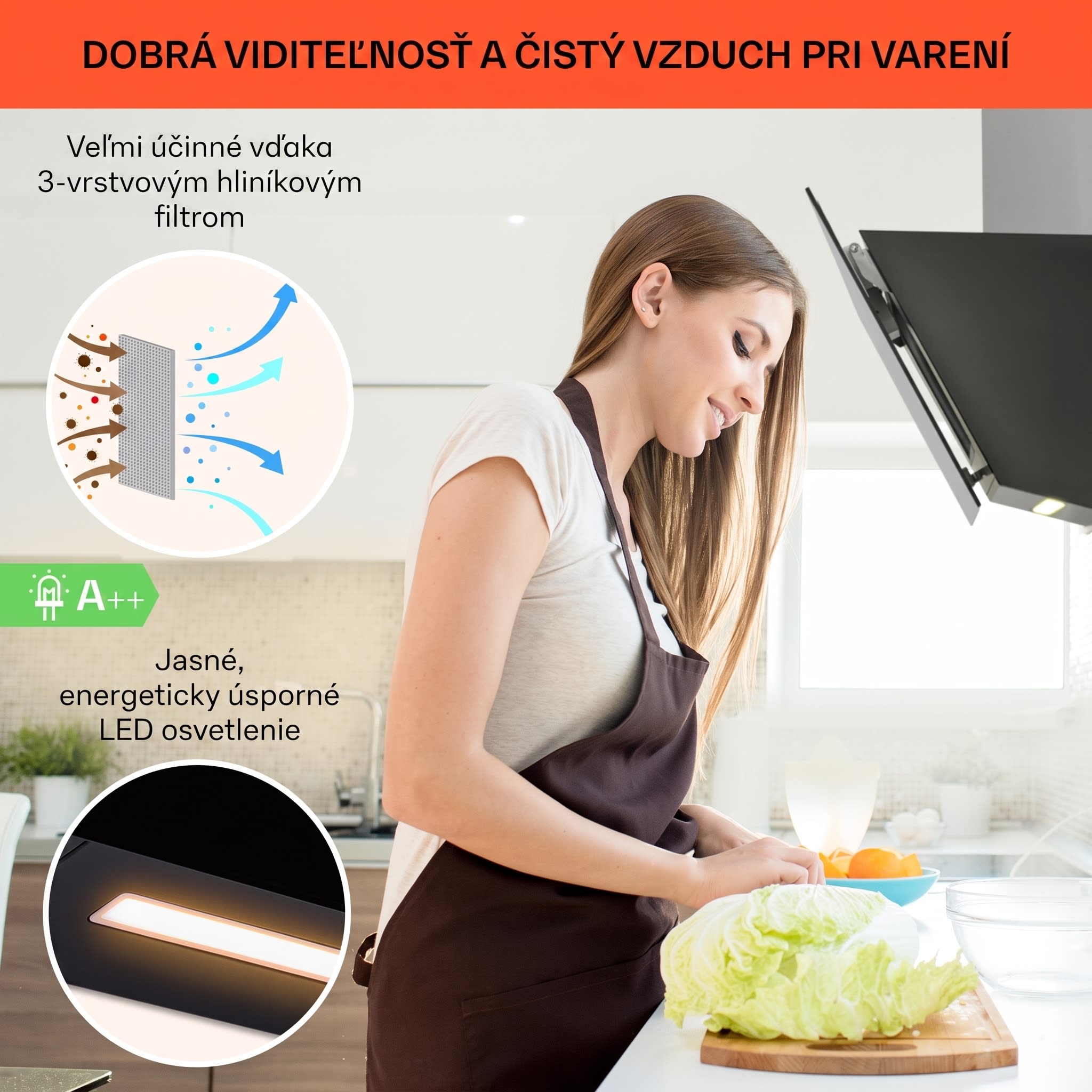 Klarstein Ava 60 Smart, digestor, 60cm, nástenný, WiFi, A++, 585 m³/h, dotykový displej – Obrázok 3