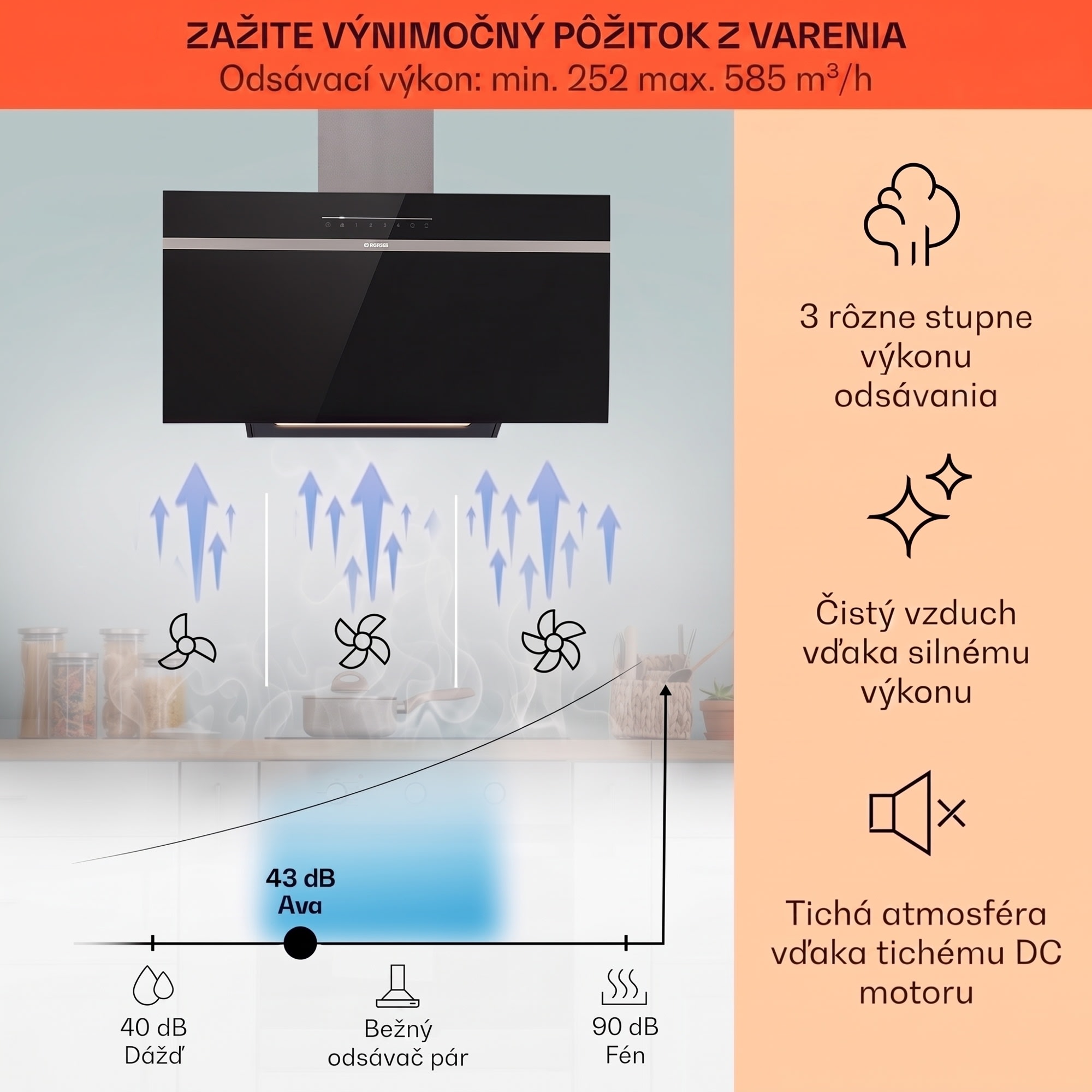 Klarstein Ava 90 Smart, digestor, 90 cm, nástenný, WiFi, A++, 585 m³/h, dotykový displej – Obrázok 2