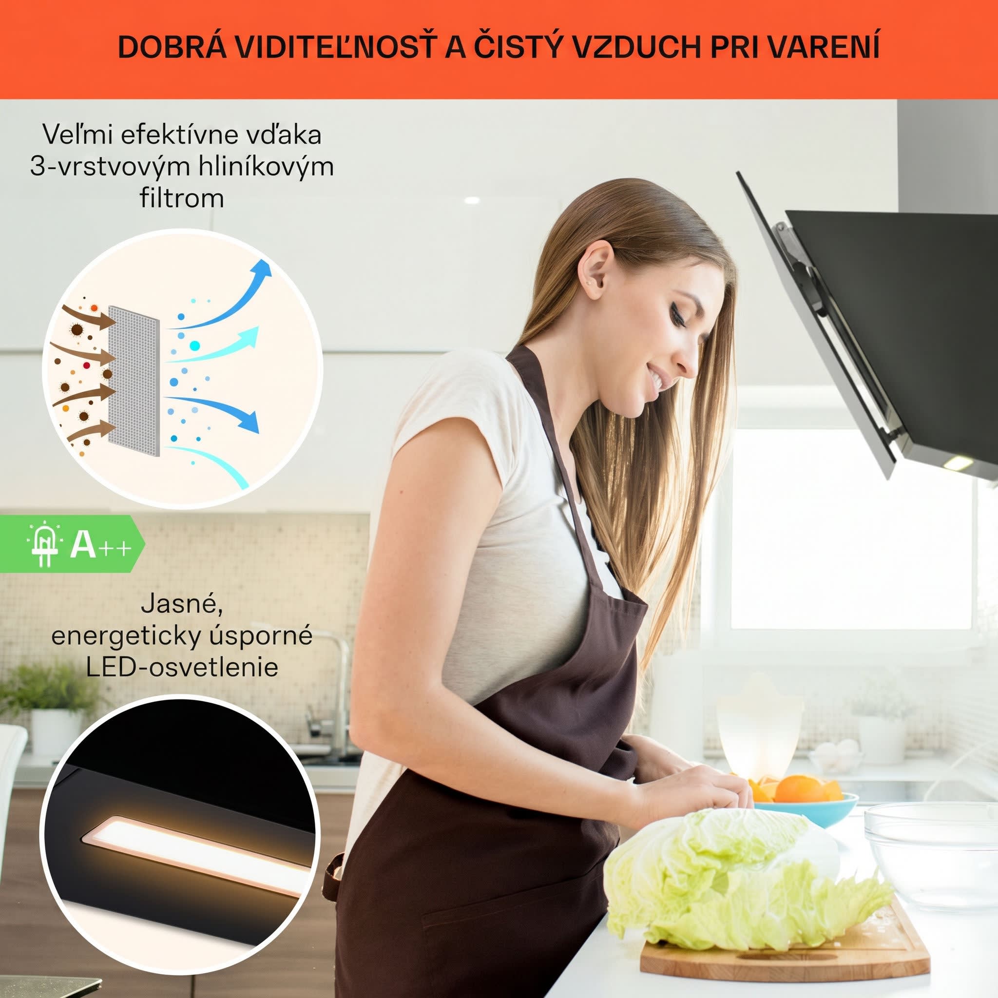Klarstein Ava 90 Smart, digestor, 90 cm, nástenný, WiFi, A++, 585 m³/h, dotykový displej – Obrázok 3