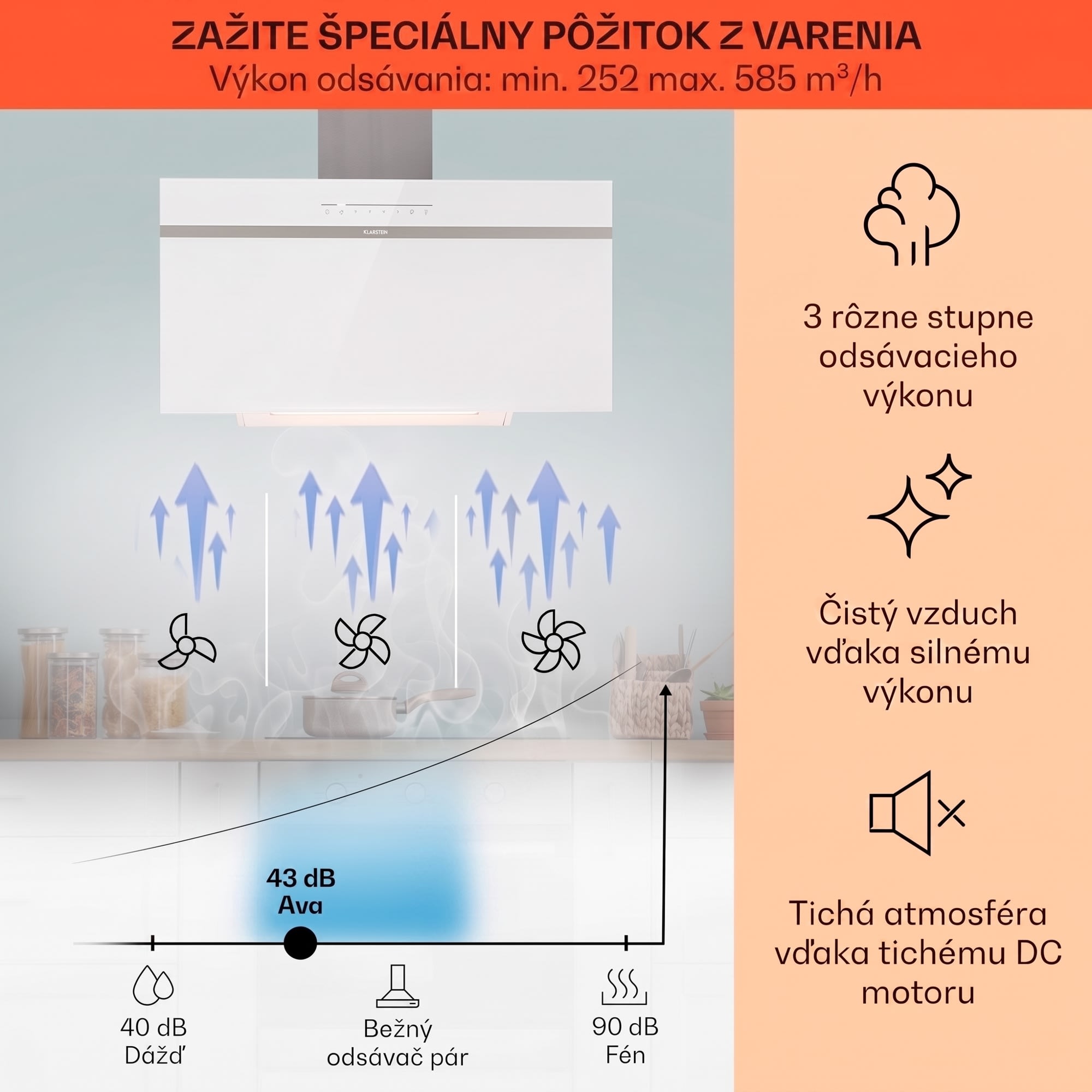 Klarstein Ava 90 Smart, digestor, 90 cm, nástenný, WiFi, A++, 585 m³/h, dotykový displej – Obrázok 2