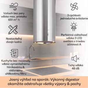 Klarstein Bolea, digestor, 38 cm, ostrovčekový, 651 m³/h, LED, filtre s aktívnym uhlím, nehrdzavejúca oceľ