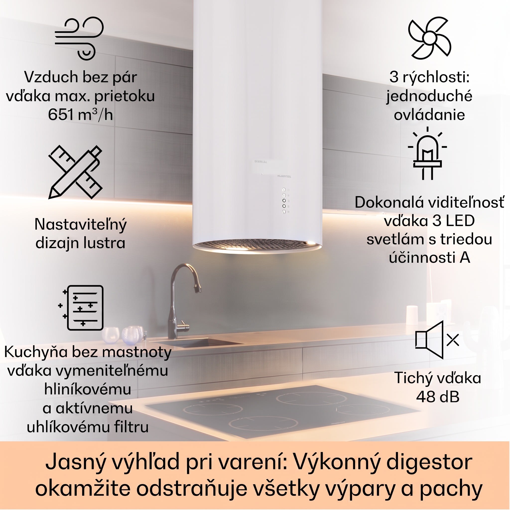 Klarstein Bolea, digestor, 38 cm, ostrovčekový, 651 m³/h, LED, filtre s aktívnym uhlím, nehrdzavejúca oceľ