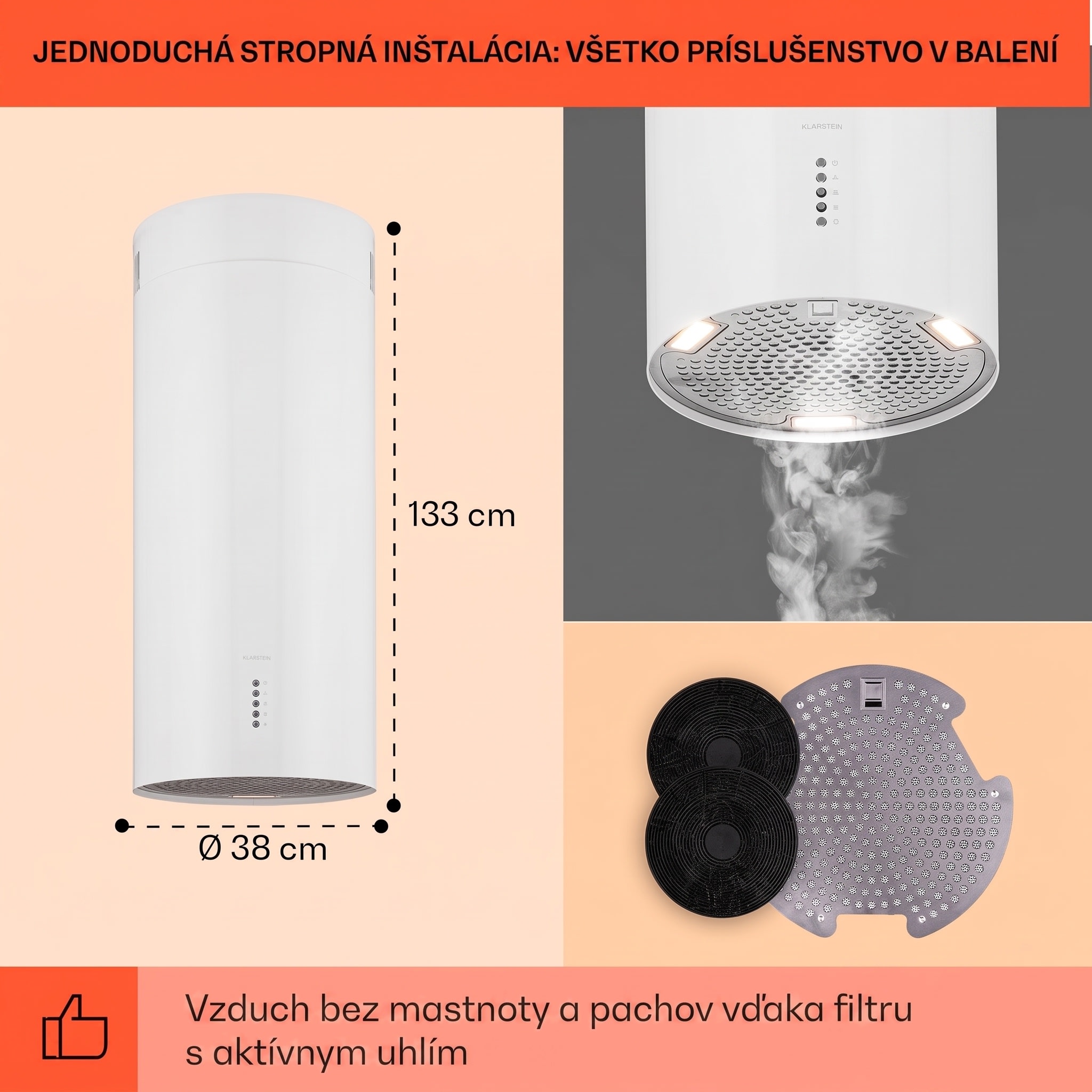 Klarstein Bolea, digestor, 38 cm, ostrovčekový, 651 m³/h, LED, filtre s aktívnym uhlím, nehrdzavejúca oceľ – Obrázok 4