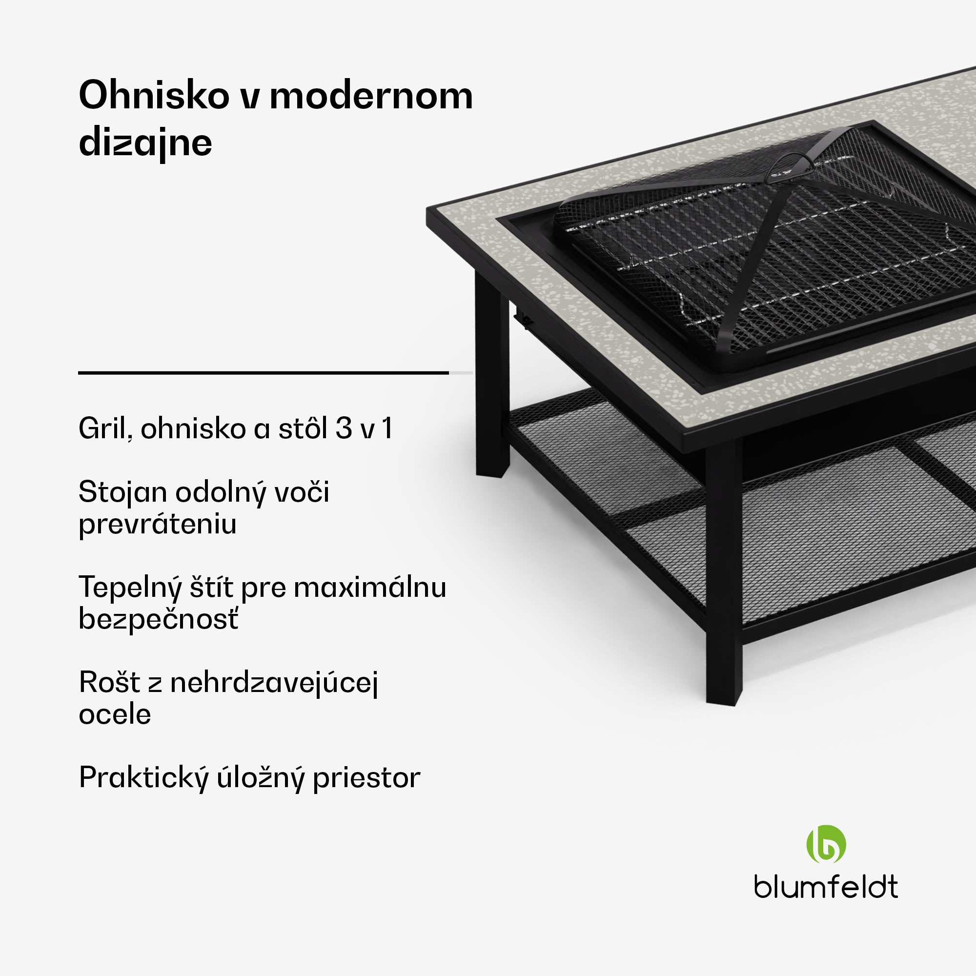 Blumfeldt Merano Avanzato L, ohnisko 3 v 1 s funkciou grilu, dá sa použiť ako stôl, 122 x 87 cm