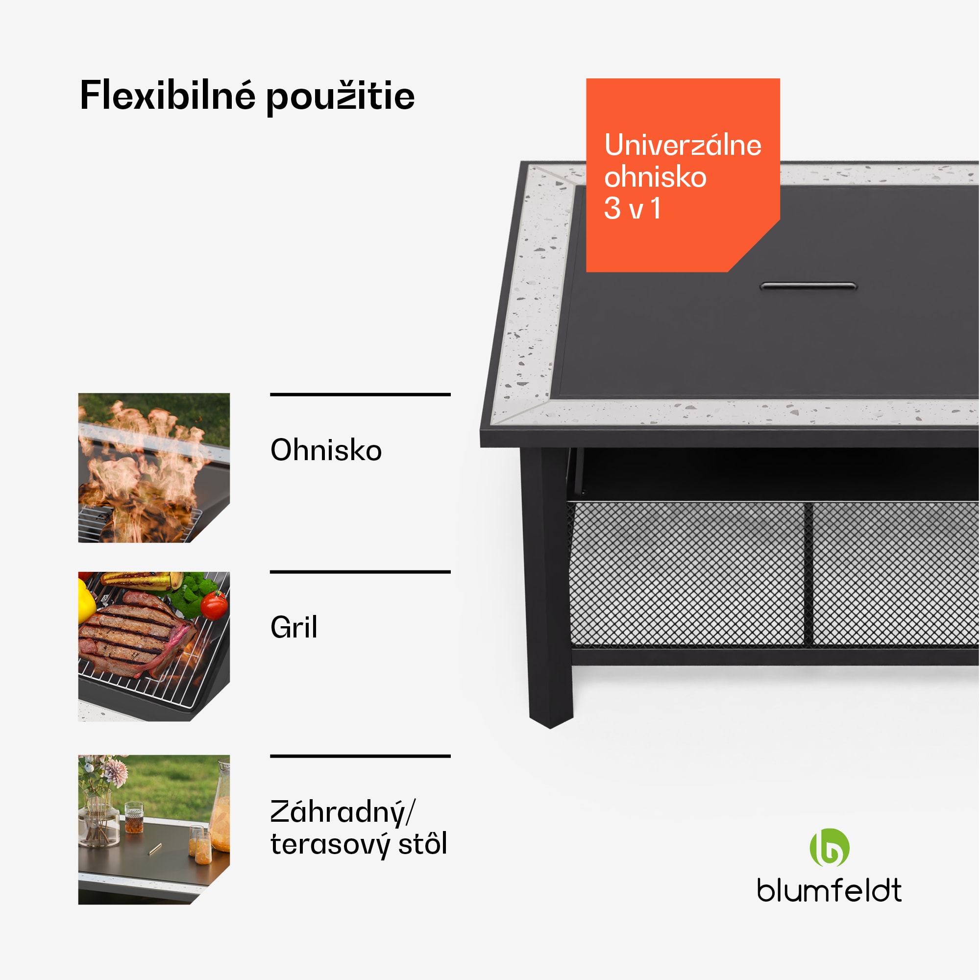 Blumfeldt Merano Avanzato 3 v 1, ohnisko s funkciou grilu, dá sa použiť ako stôl, 87 x 87 cm – Obrázok 2