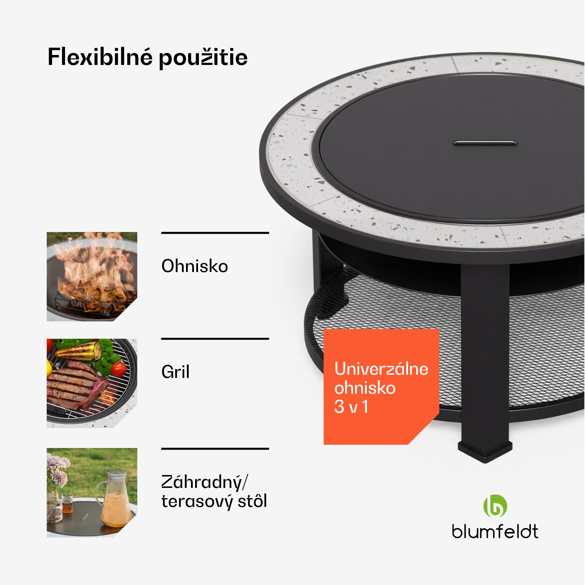 Blumfeldt Merano Circolo 3 v 1, ohnisko s funkciou grilu, dá sa použiť ako stôl, priemer 87 cm – Obrázok 2