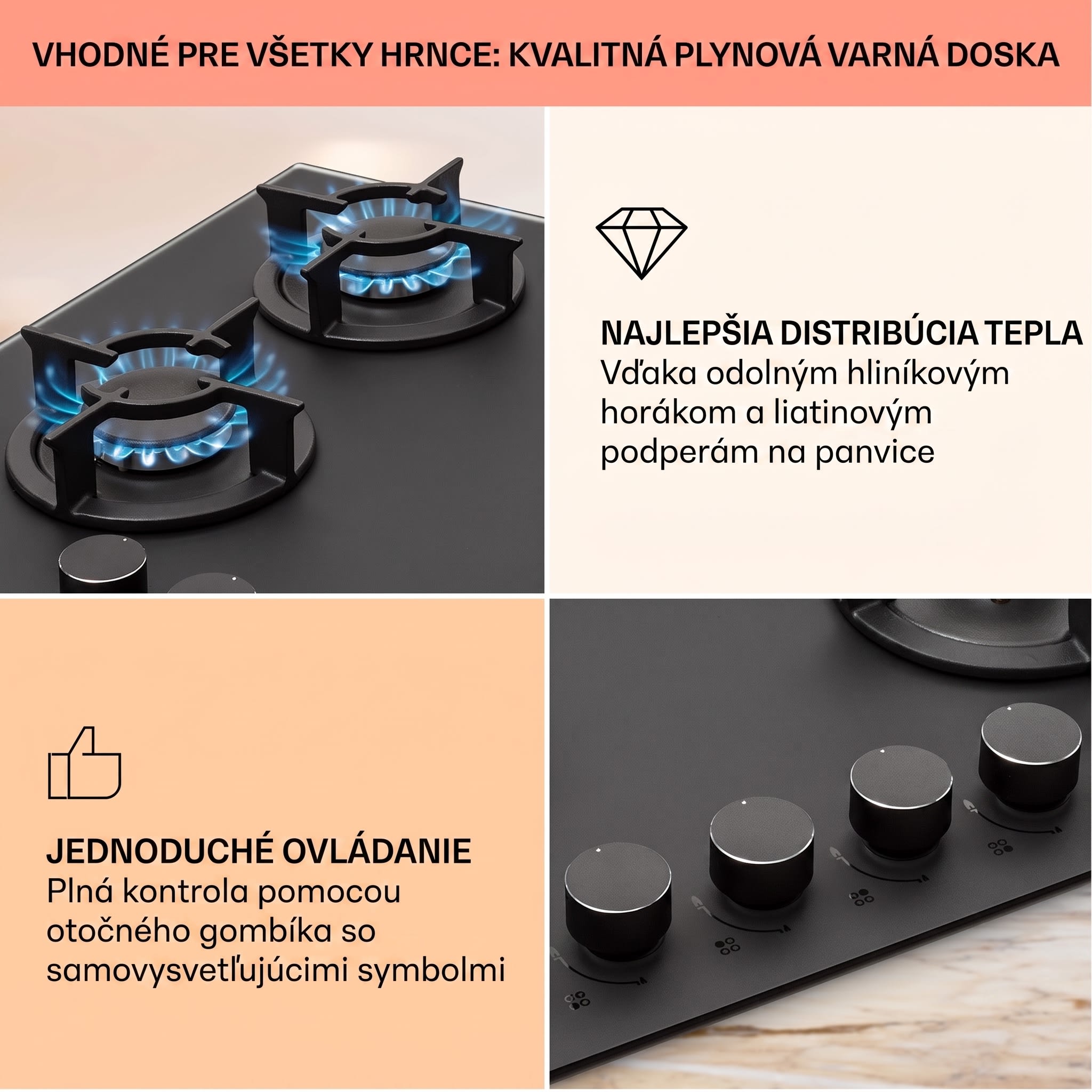 Klarstein Firetale plynová varná doska 4-zónová 60 cm s hliníkovými horákmi vrátane hadice a redukčného ventilu – Obrázok 3