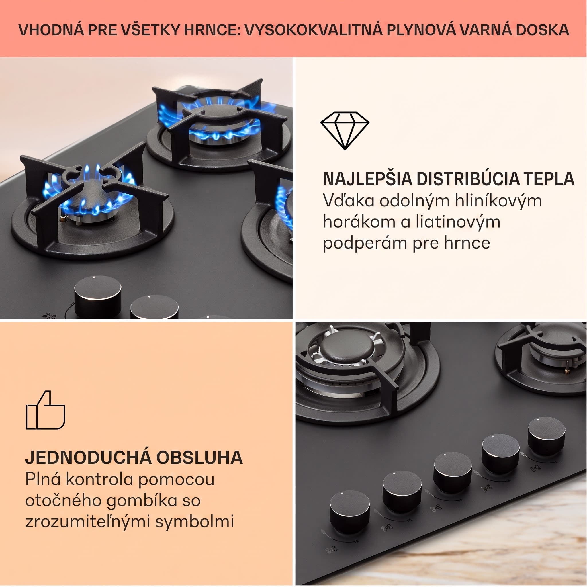Klarstein Firetale, plynová varná doska, 5 hliníkových horákov, 70 cm, vrátane hadice a redukčného ventilu – Obrázok 3
