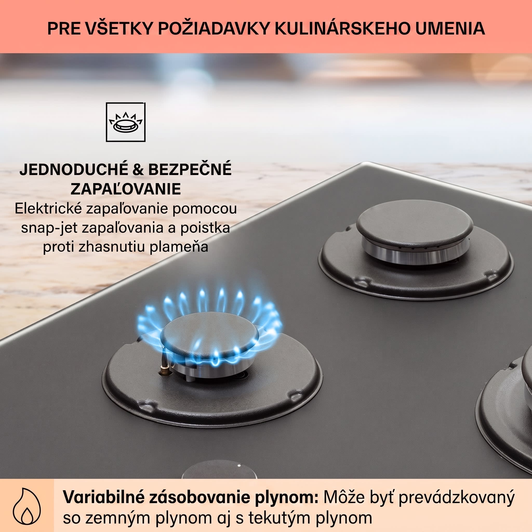 Klarstein Firetale, plynová varná doska, 5 hliníkových horákov, 70 cm, vrátane hadice a redukčného ventilu – Obrázok 4