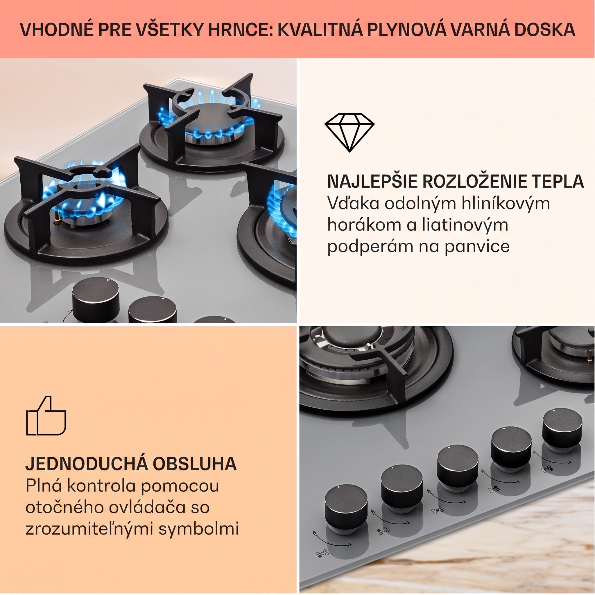 Klarstein Firetale, plynová varná doska, 5 hliníkových horákov, 70 cm, vrátane hadice a redukčného ventilu – Obrázok 3