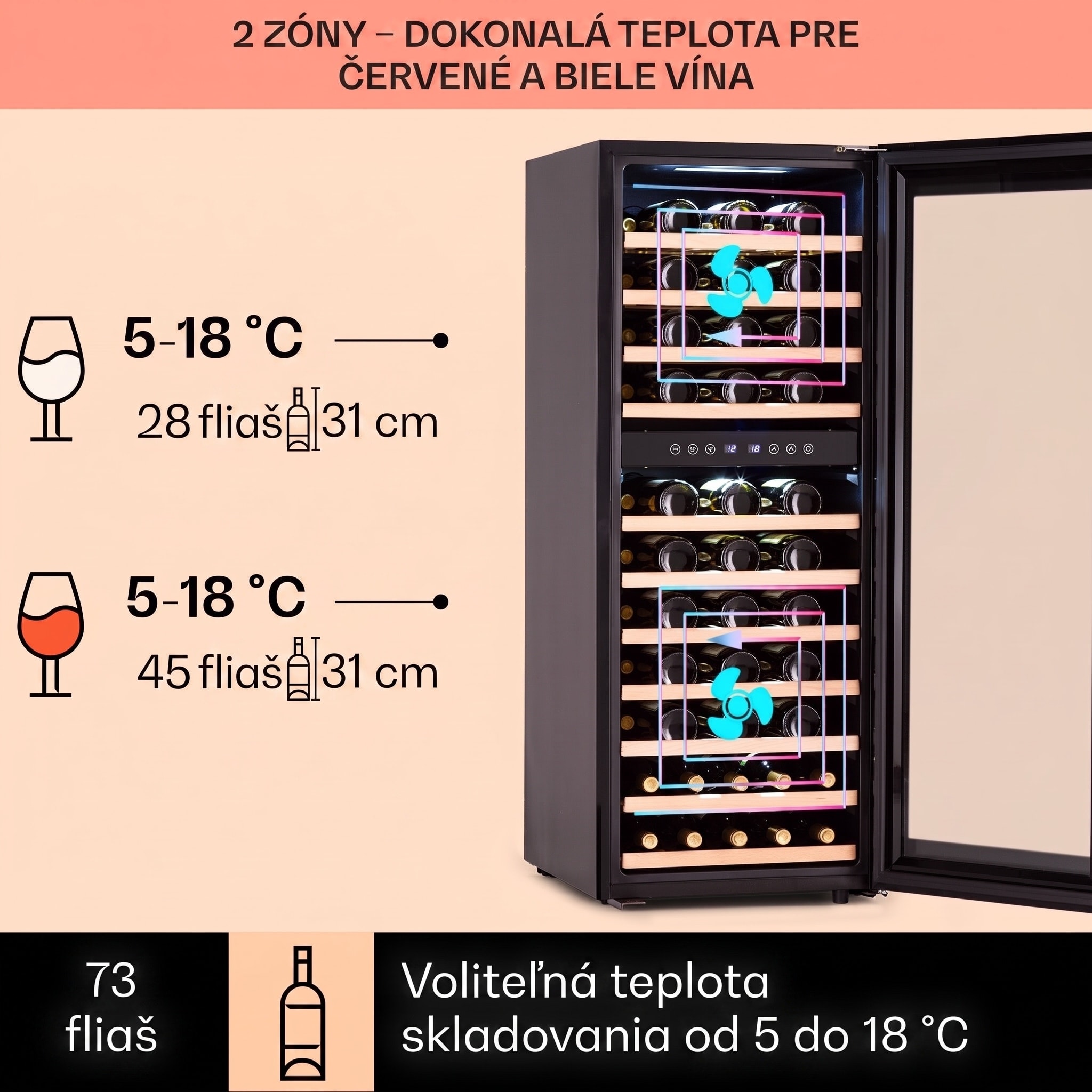 Klarstein Barossa 73 Uno, vinotéka, 192 l, 2 zóny, 73 fliaš, dotykový displej – Obrázok 2