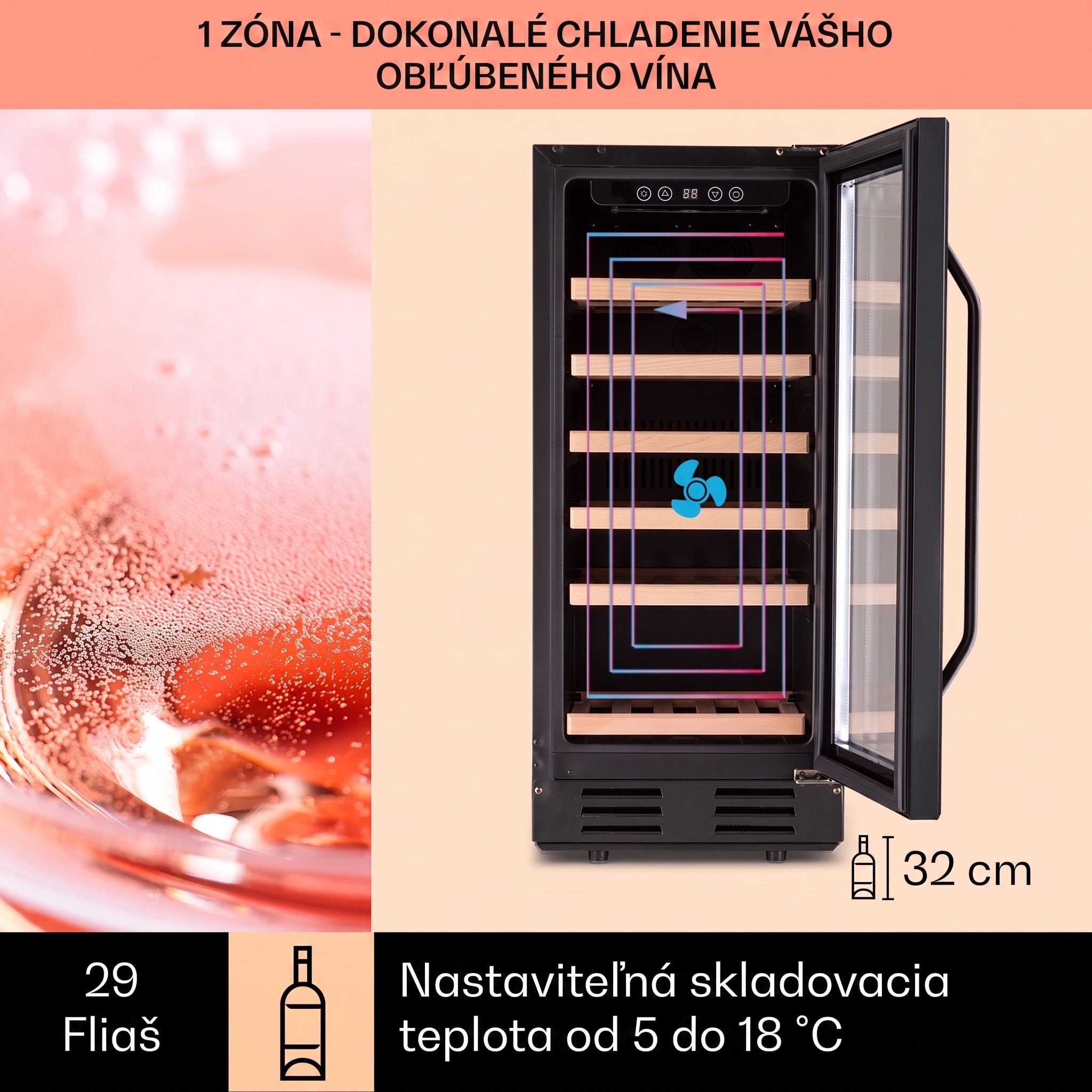 Klarstein Vinovilla 29 vstavaná vinotéka 81 l / 29 fliaš, 1 zóna, sklenené dvere, nerezová oceľ – Obrázok 2