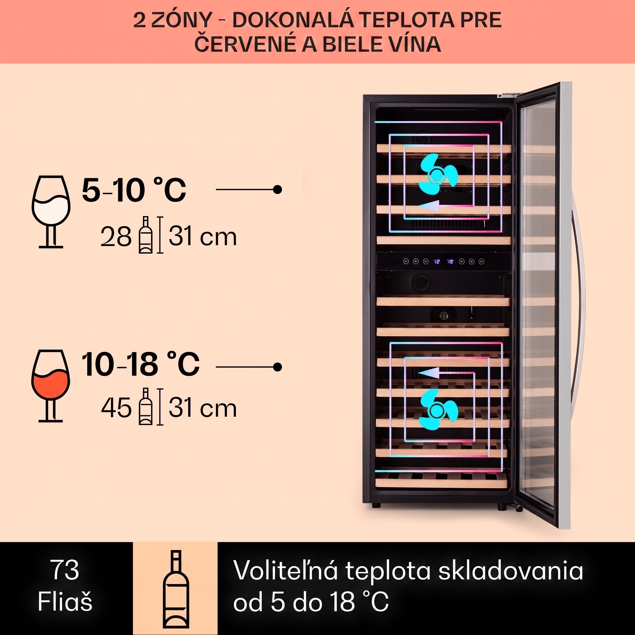 Klarstein Vinamour 73 Duo, vinotéka, 192 l, 73 fliaš, 5-18°C, 2 zóny, dotykové ovládanie – Obrázok 2