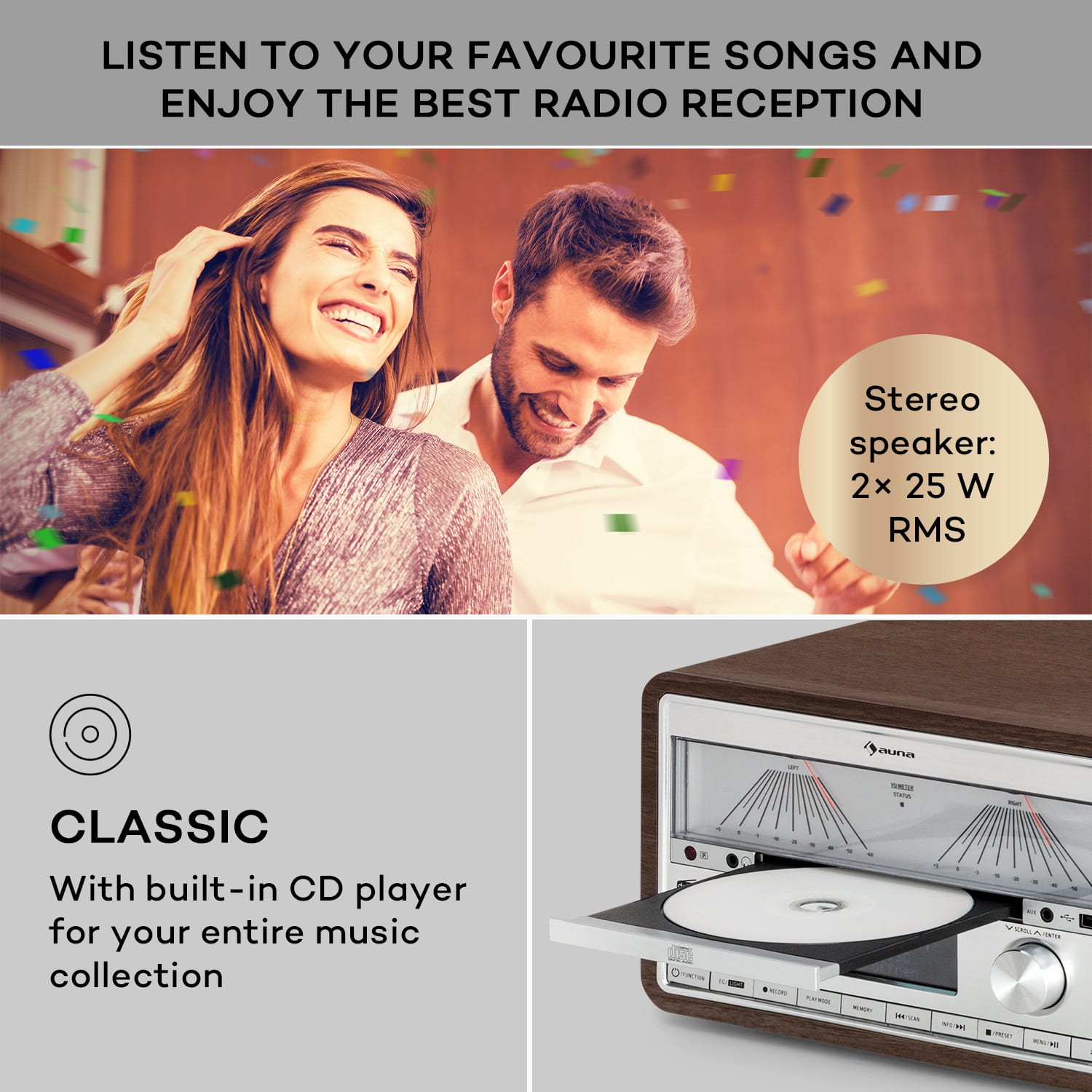 Auna Elton, stereo systém, CD, BT, MP3, DAB+, FM rádio, VU merač, podsvietenie – Obrázok 2