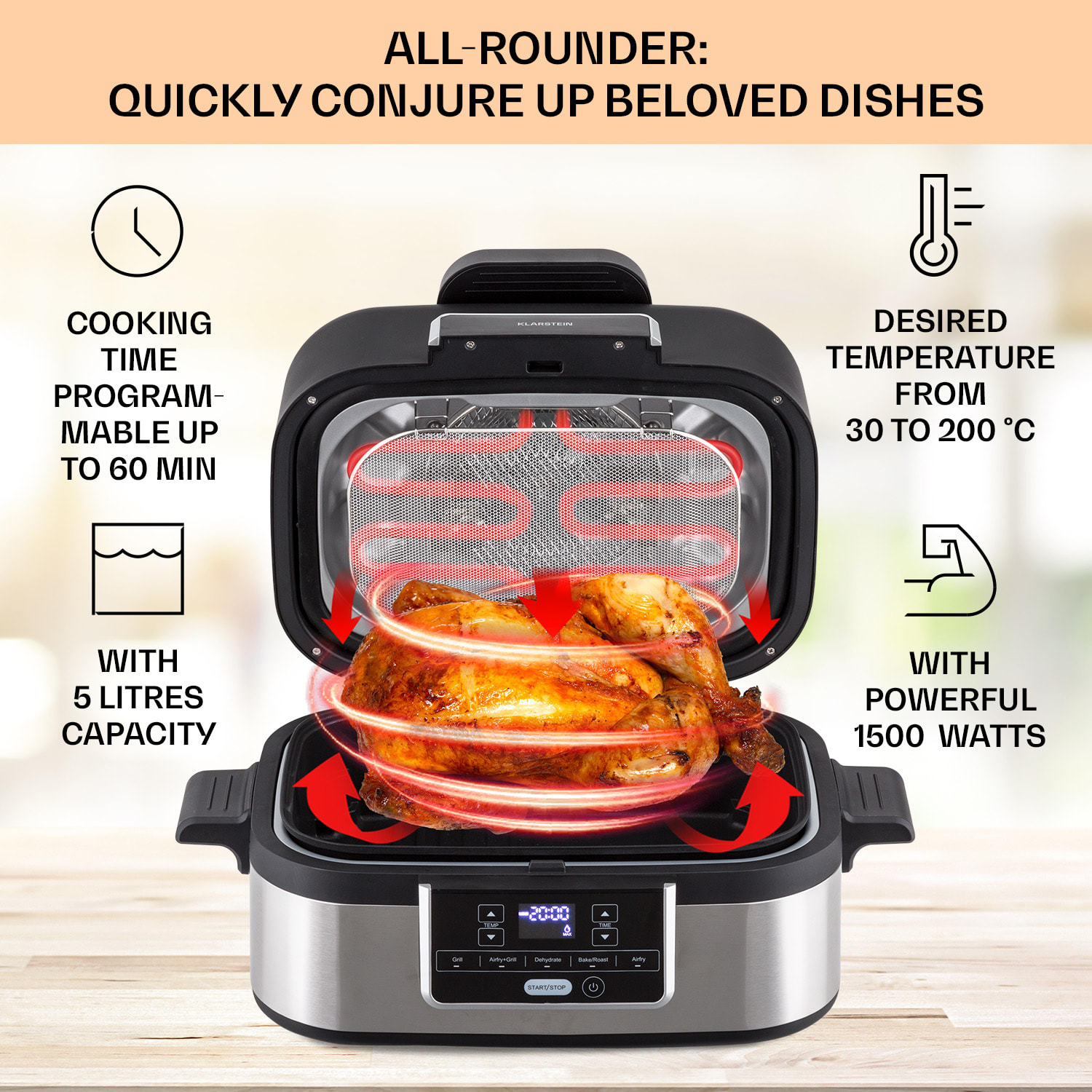 Klarstein Combo Air, teplovzdušná fritéza s grilom, 1500 W, 4,5 l grilovací kôš, 2,5 l fritovací kôš, 5 programov
