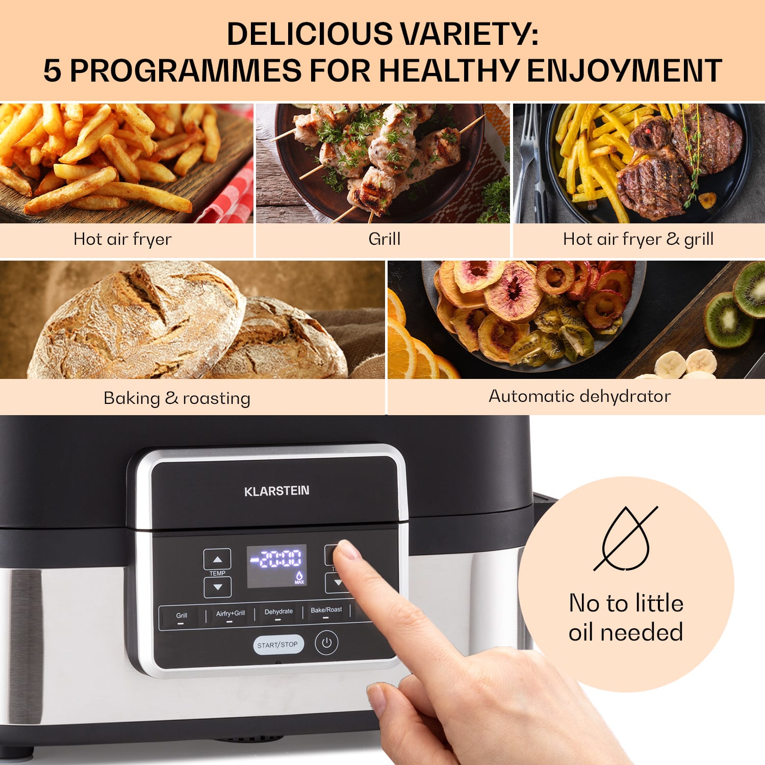 Klarstein Combo Air, teplovzdušná fritéza s grilom, 1500 W, 4,5 l grilovací kôš, 2,5 l fritovací kôš, 5 programov – Obrázok 2