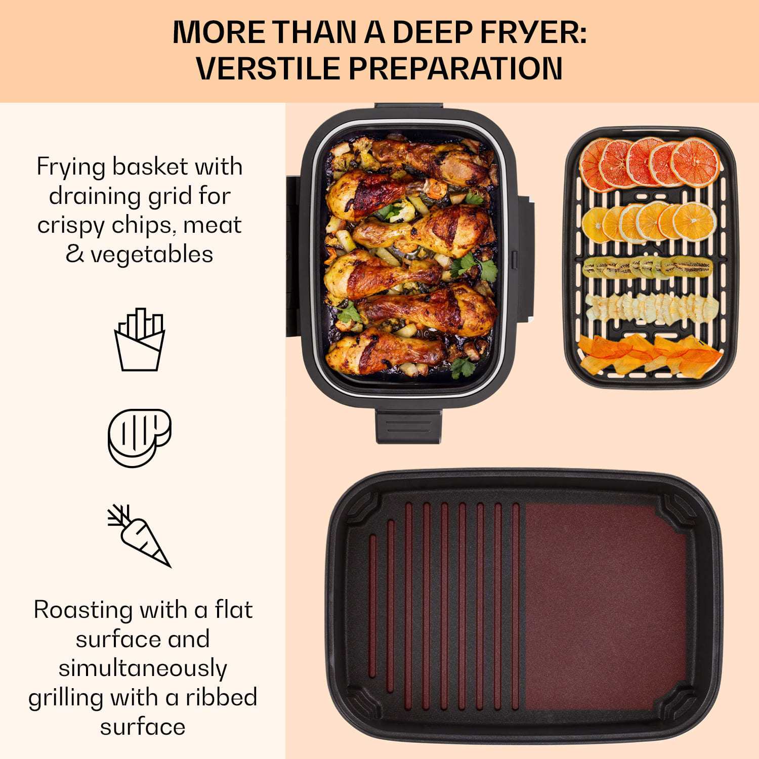Klarstein Combo Air, teplovzdušná fritéza s grilom, 1500 W, 4,5 l grilovací kôš, 2,5 l fritovací kôš, 5 programov – Obrázok 3