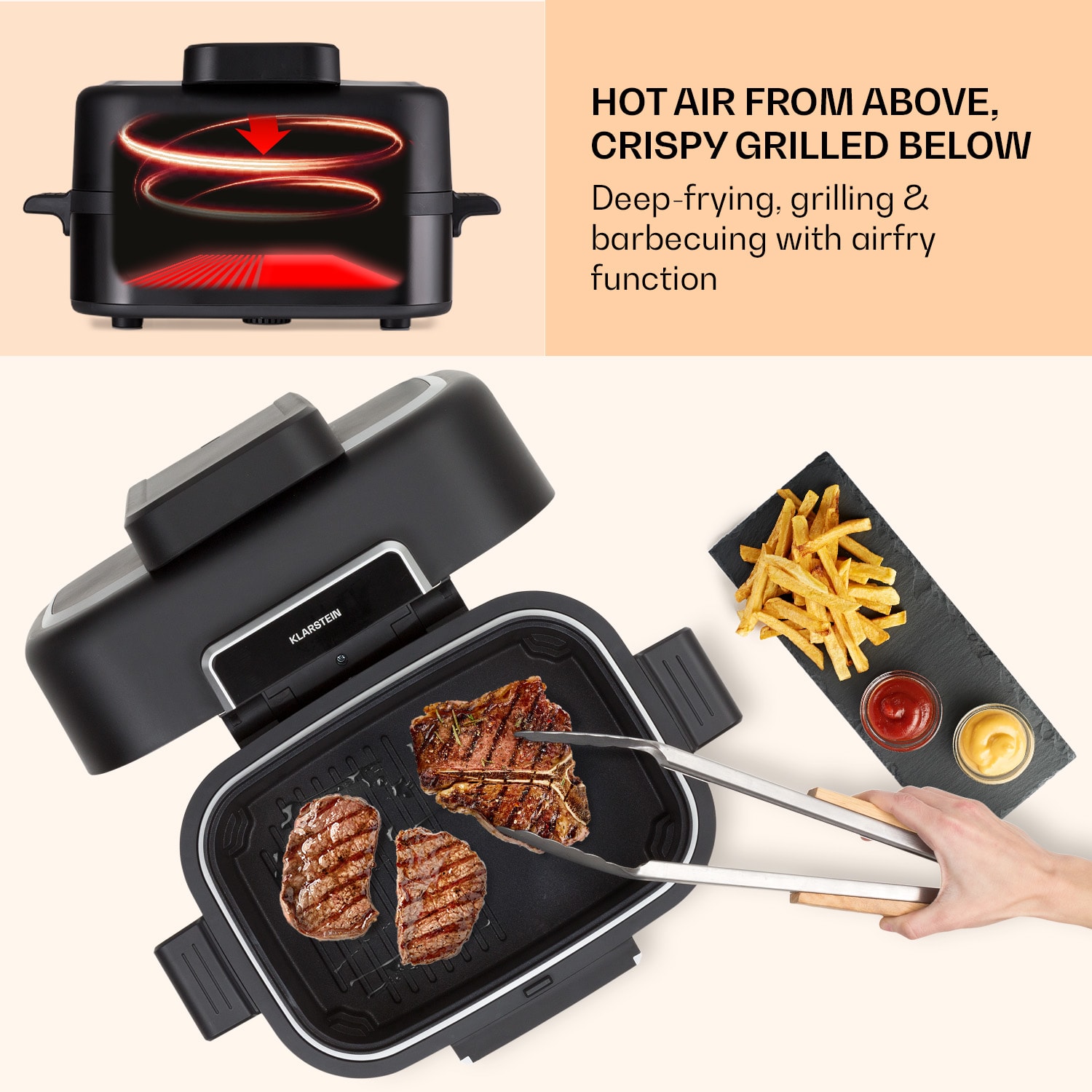 Klarstein Combo Air, teplovzdušná fritéza s grilom, 1500 W, 4,5 l grilovací kôš, 2,5 l fritovací kôš, 5 programov – Obrázok 4