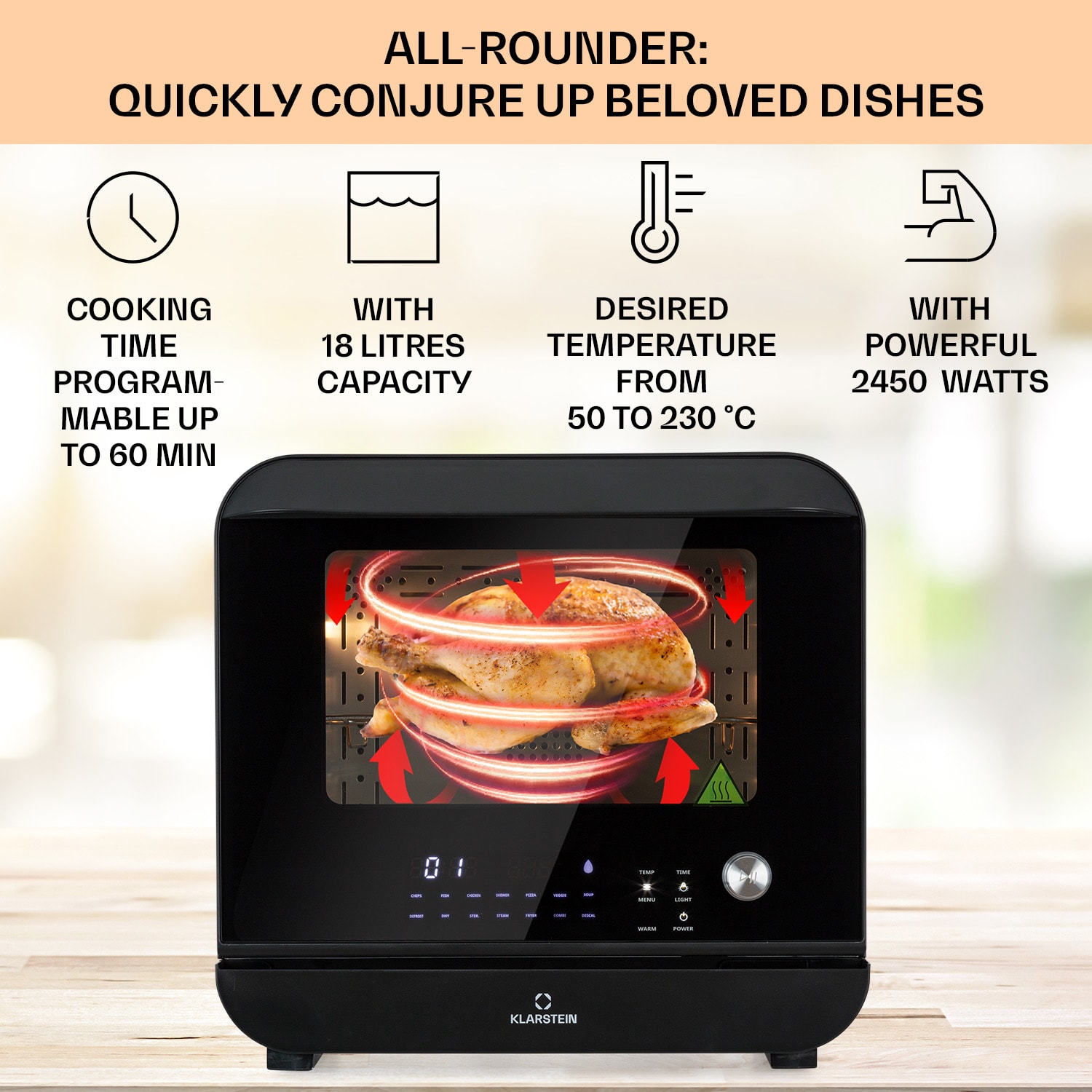 Klarstein Vita Pro, teplovzdušná fritéza s varením v pare, 2450 W, 18 l, 14 programov, 800 ml nádrž na vodu – Obrázok 2