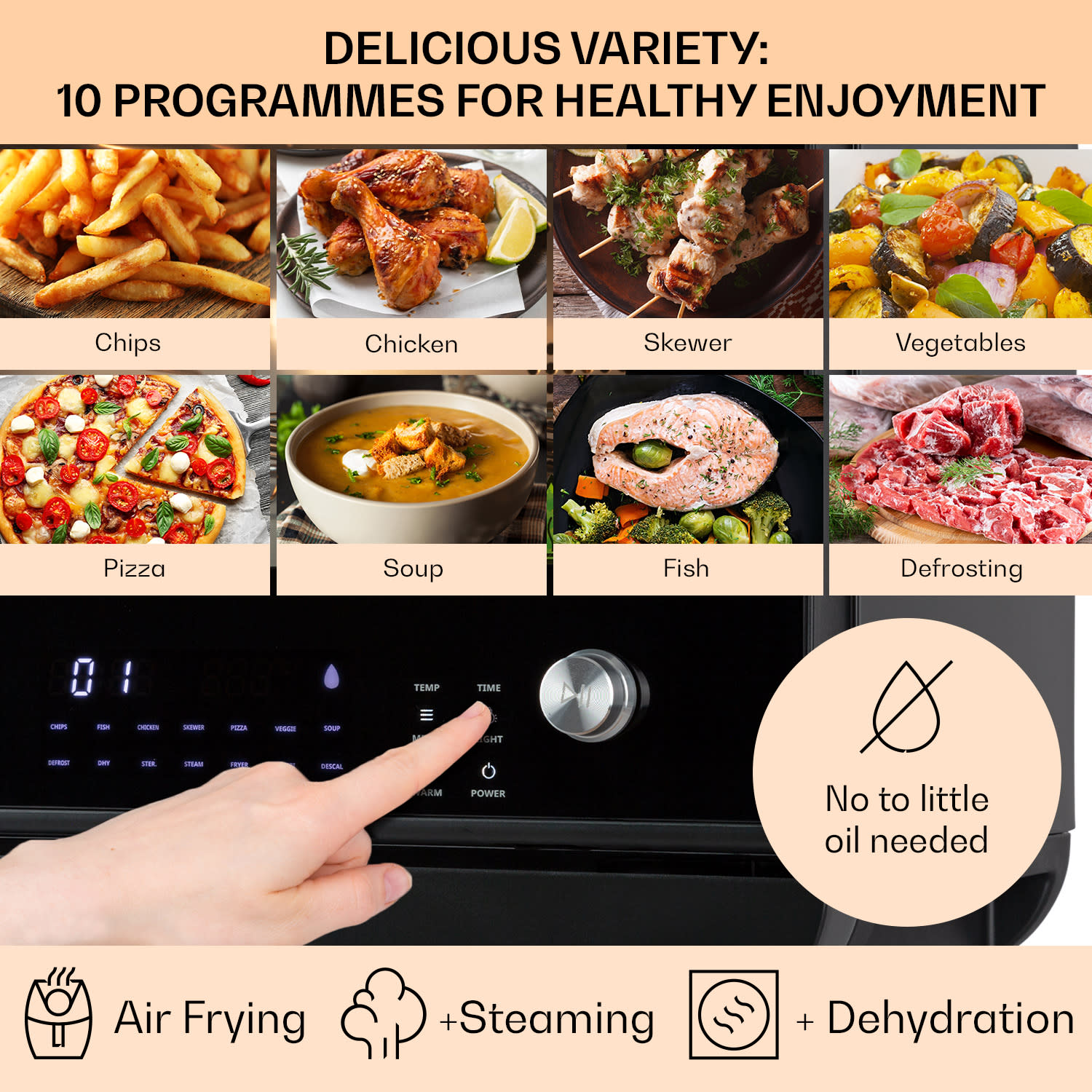 Klarstein Vita Pro, teplovzdušná fritéza s varením v pare, 2450 W, 18 l, 14 programov, 800 ml nádrž na vodu – Obrázok 3