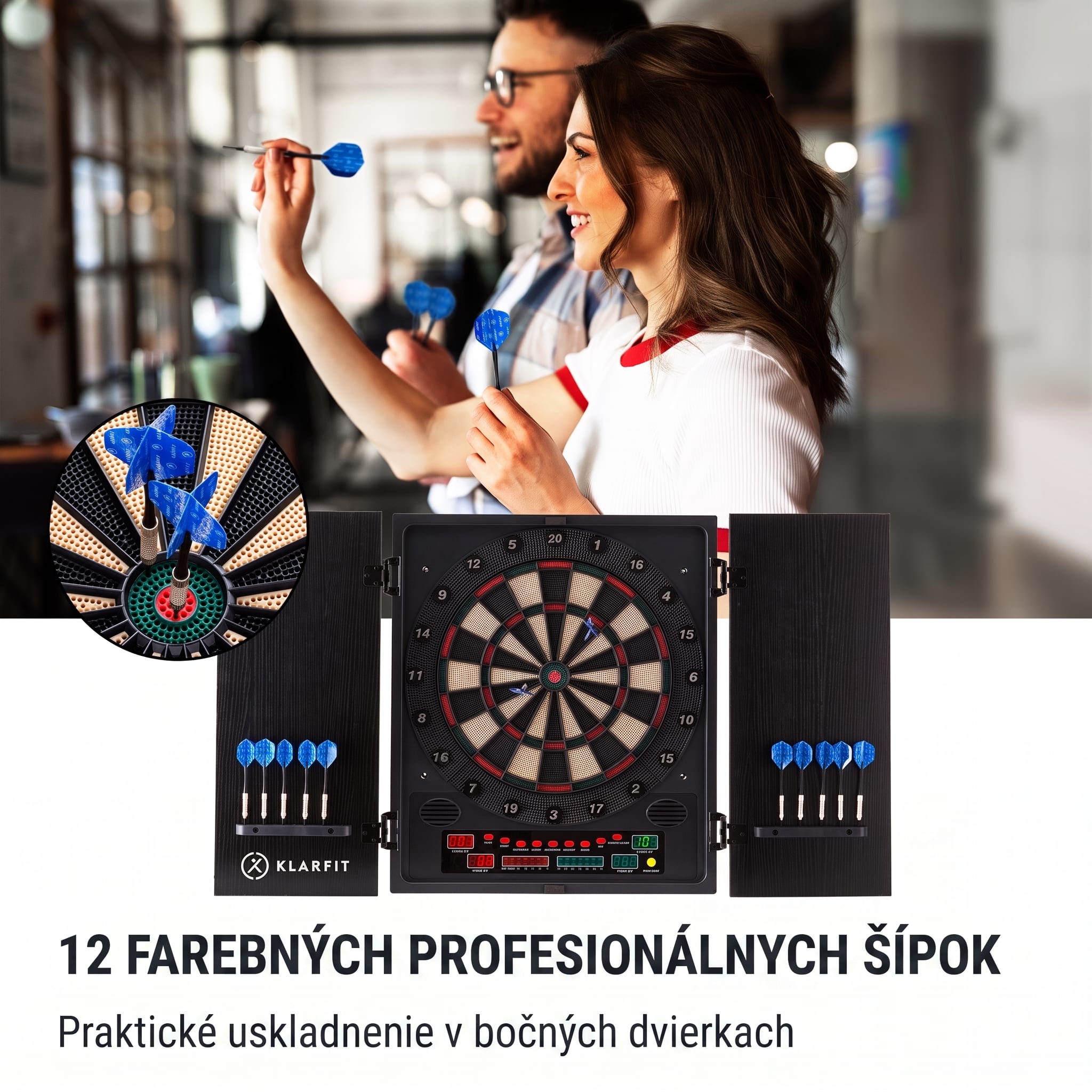 KLARFIT Dartmaster 180 šípky predné dvierka vrátane 12 šípok a 24 šípkových hrotov napájanie montáž na stenu – Obrázok 2