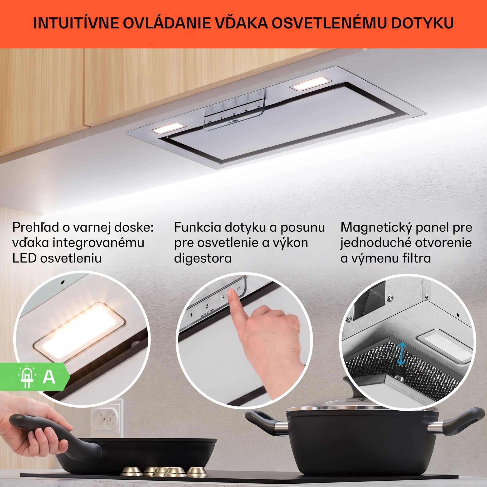 Klarstein Camila, vstavaný digestor, 52 cm, 369 m³/h, LED, dotyková plocha, nehrdzavejúca oceľ – Obrázok 3