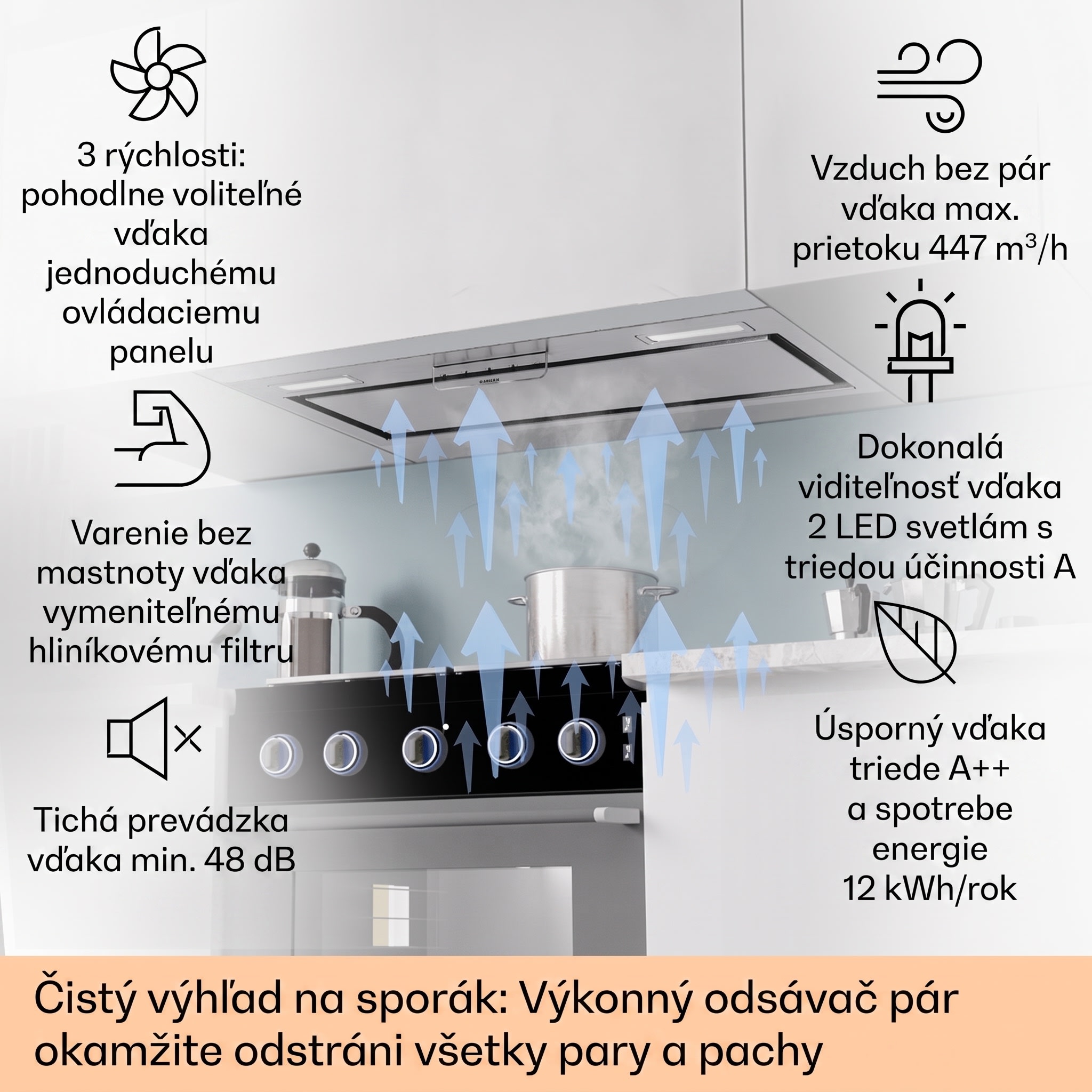 Klarstein Camila, vstavaný digestor, 70 cm, 380 m³/h, LED, dotyková plocha, nehrdzavejúca oceľ