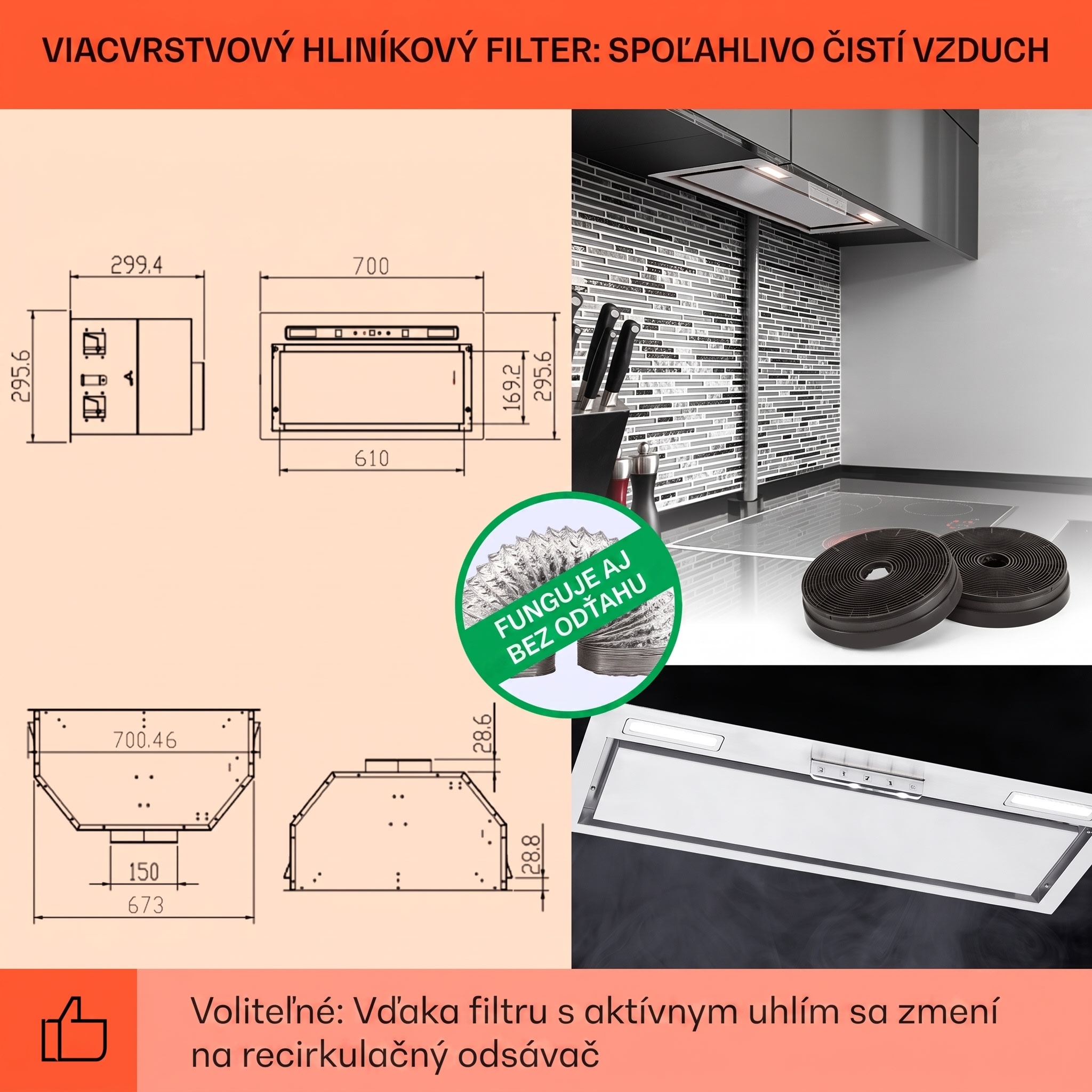 Klarstein Camila, vstavaný digestor, 70 cm, 380 m³/h, LED, dotyková plocha, nehrdzavejúca oceľ – Obrázok 4