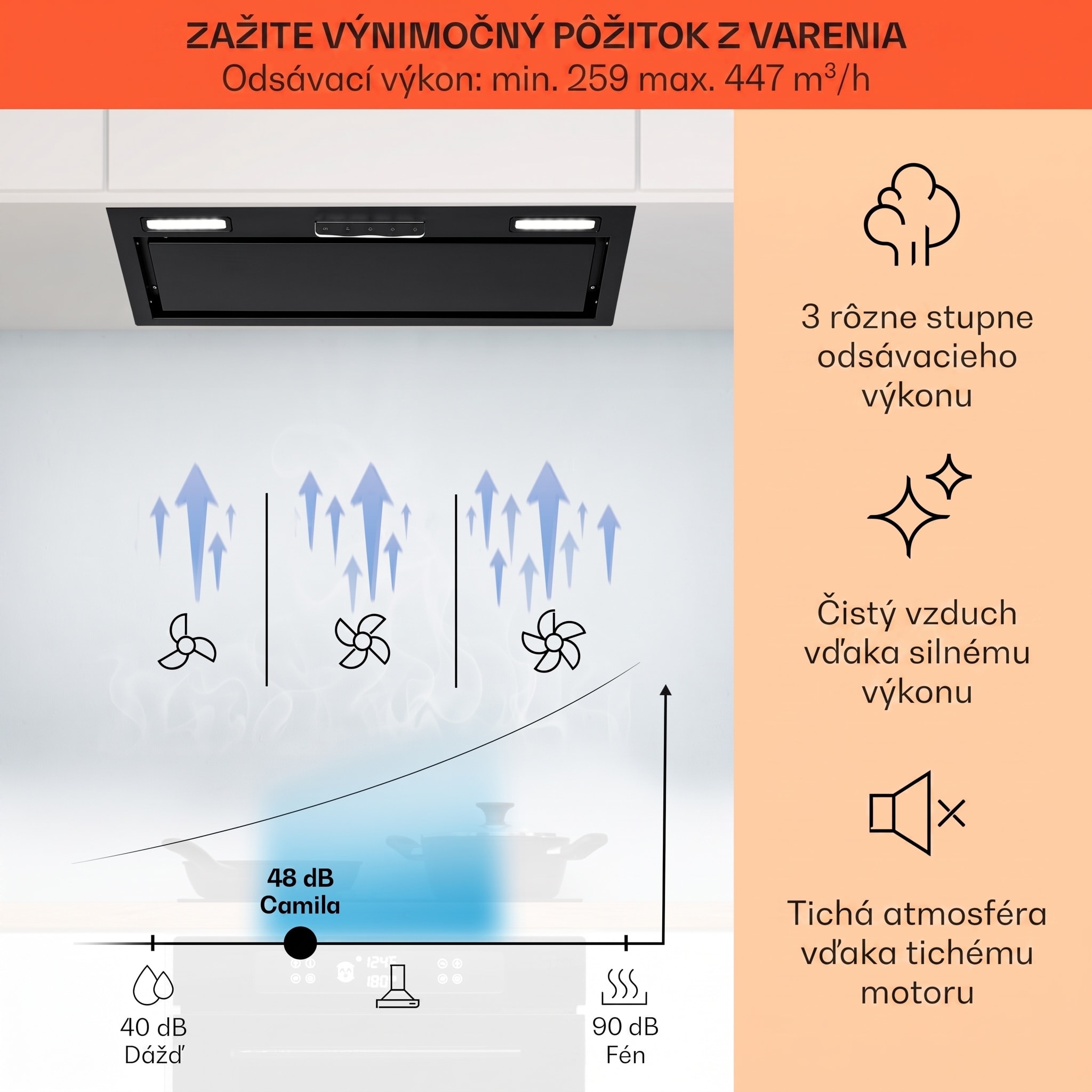 Klarstein Camila, vstavaný digestor, 70 cm, 380 m³/h, LED, dotyková plocha, nehrdzavejúca oceľ – Obrázok 2