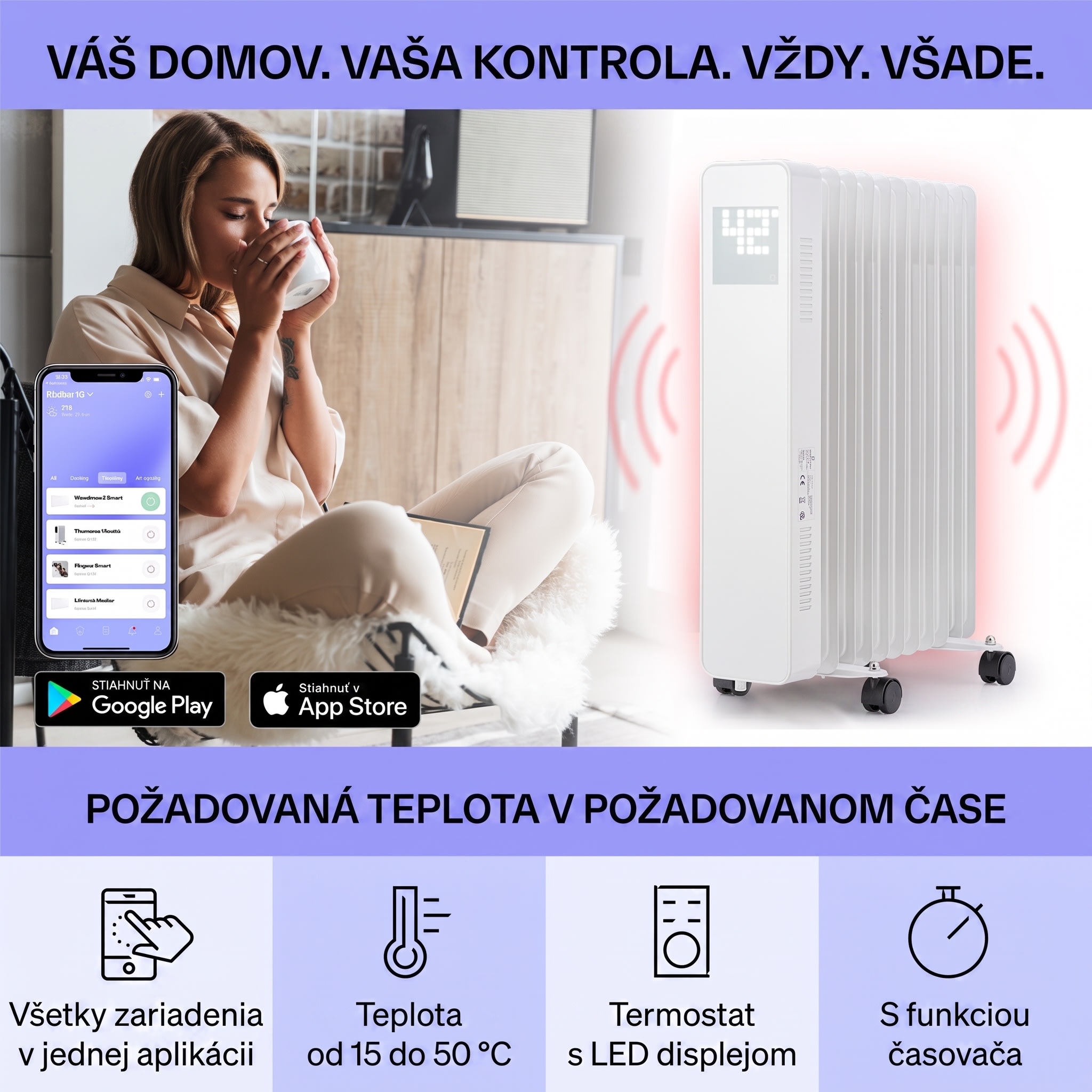 Sanford Smart, olejový radiátor, 2500 W, týždenný časovač, LED displej, dotykový panel, Klarstein aplikácia – Obrázok 2