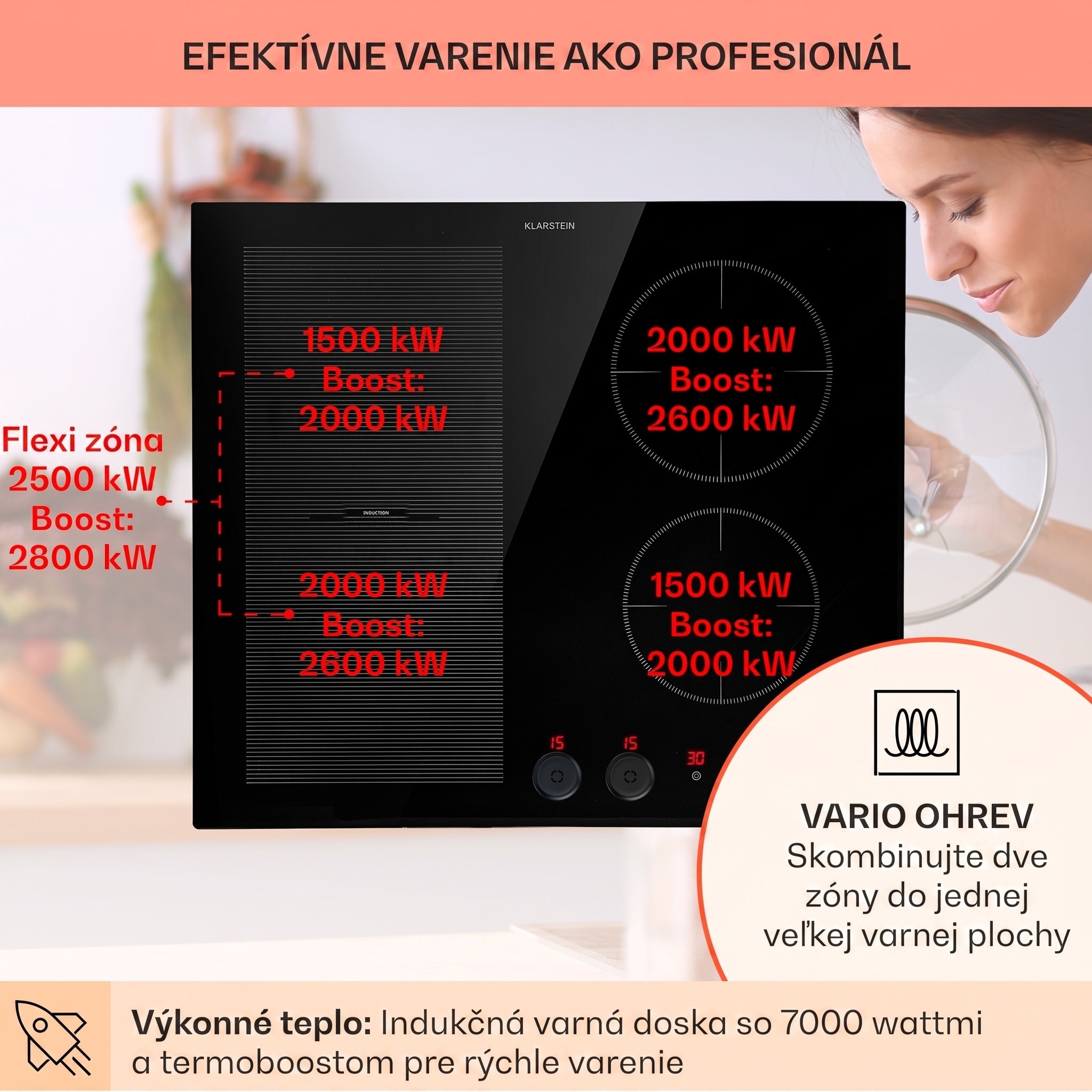 Klarstein Magnichef 4 Flex vstavaná indukčná varná doska 4 zóny / Flexzóna 7000W sklokeramika – Obrázok 2