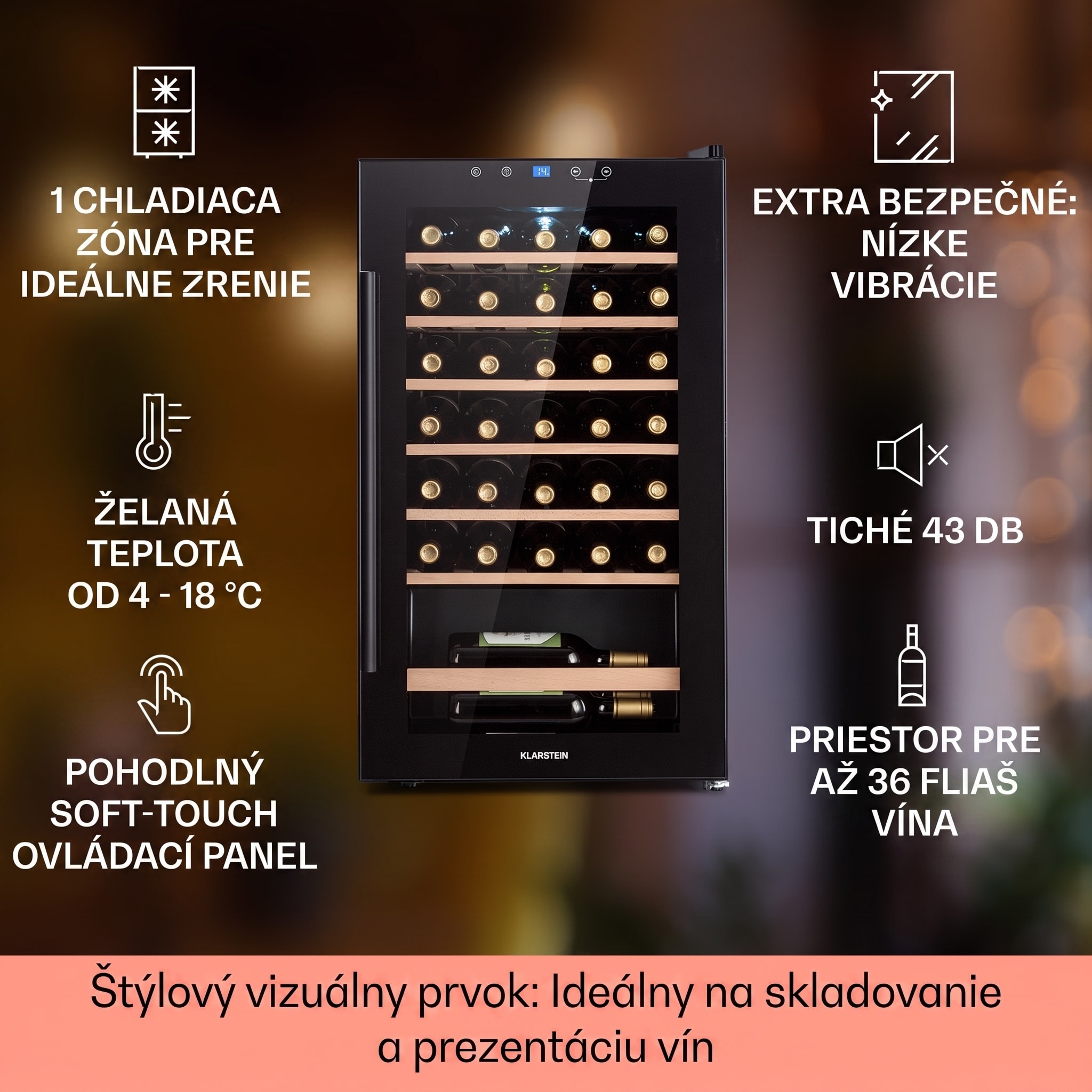 Klarstein Barossa 32 Uno, vinotéka, 95 l, 36 fliaš, 1 zóna, dotykový displej