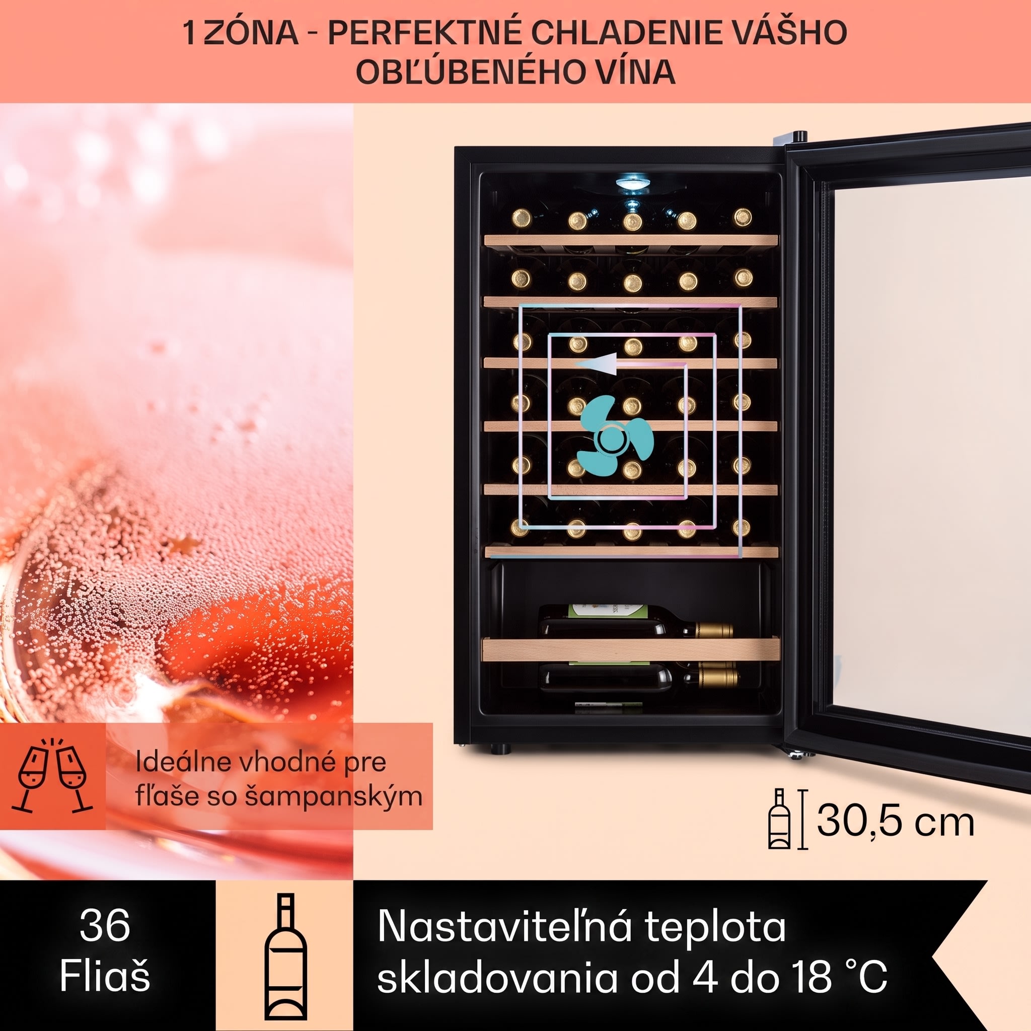 Klarstein Barossa 32 Uno, vinotéka, 95 l, 36 fliaš, 1 zóna, dotykový displej – Obrázok 2