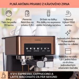 Klarstein Arabica Comfort kávovar s portafiltrom, 1350 W, 20 bar, 1,8 l, dotykový ovládací panel