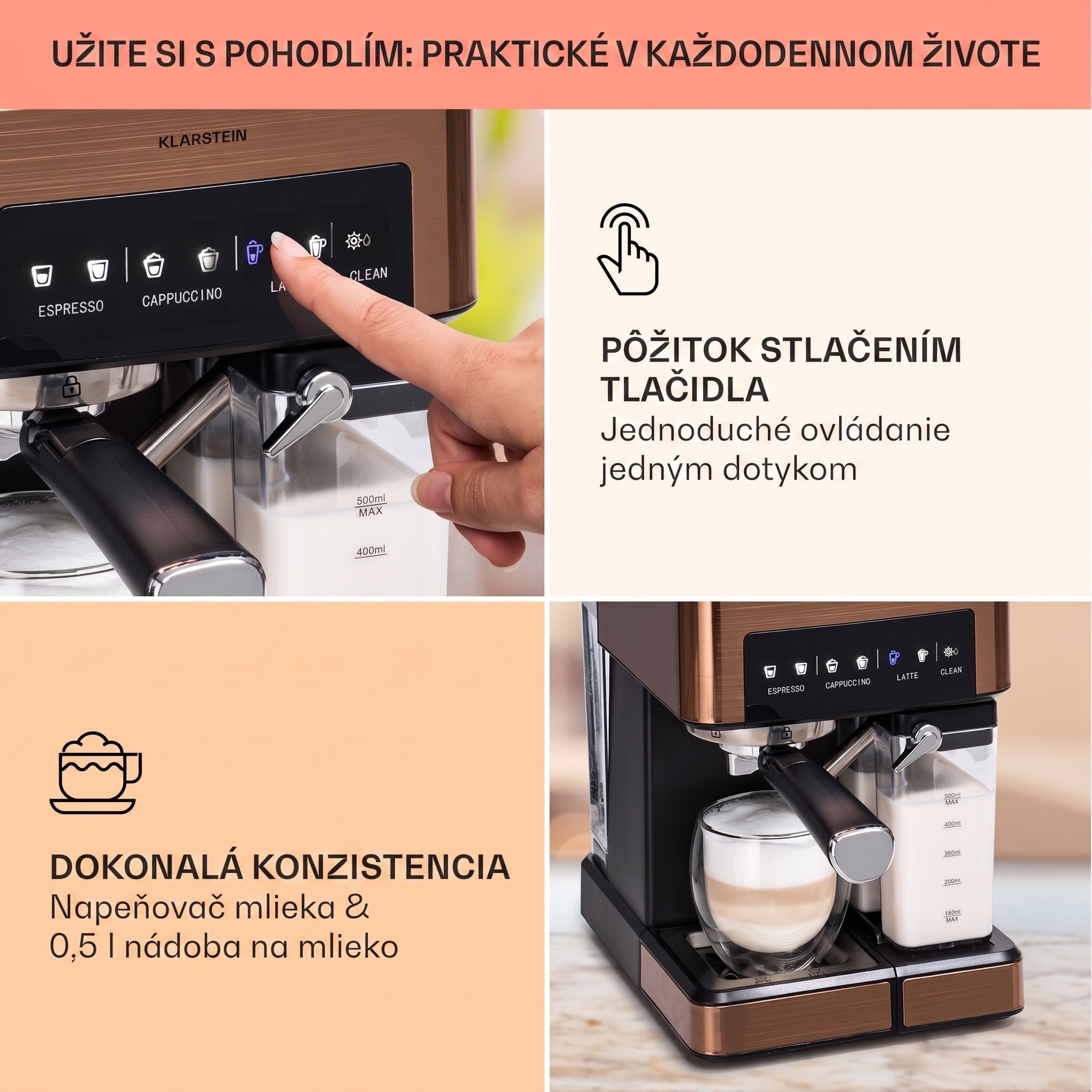 Klarstein Arabica Comfort kávovar s portafiltrom, 1350 W, 20 bar, 1,8 l, dotykový ovládací panel – Obrázok 2