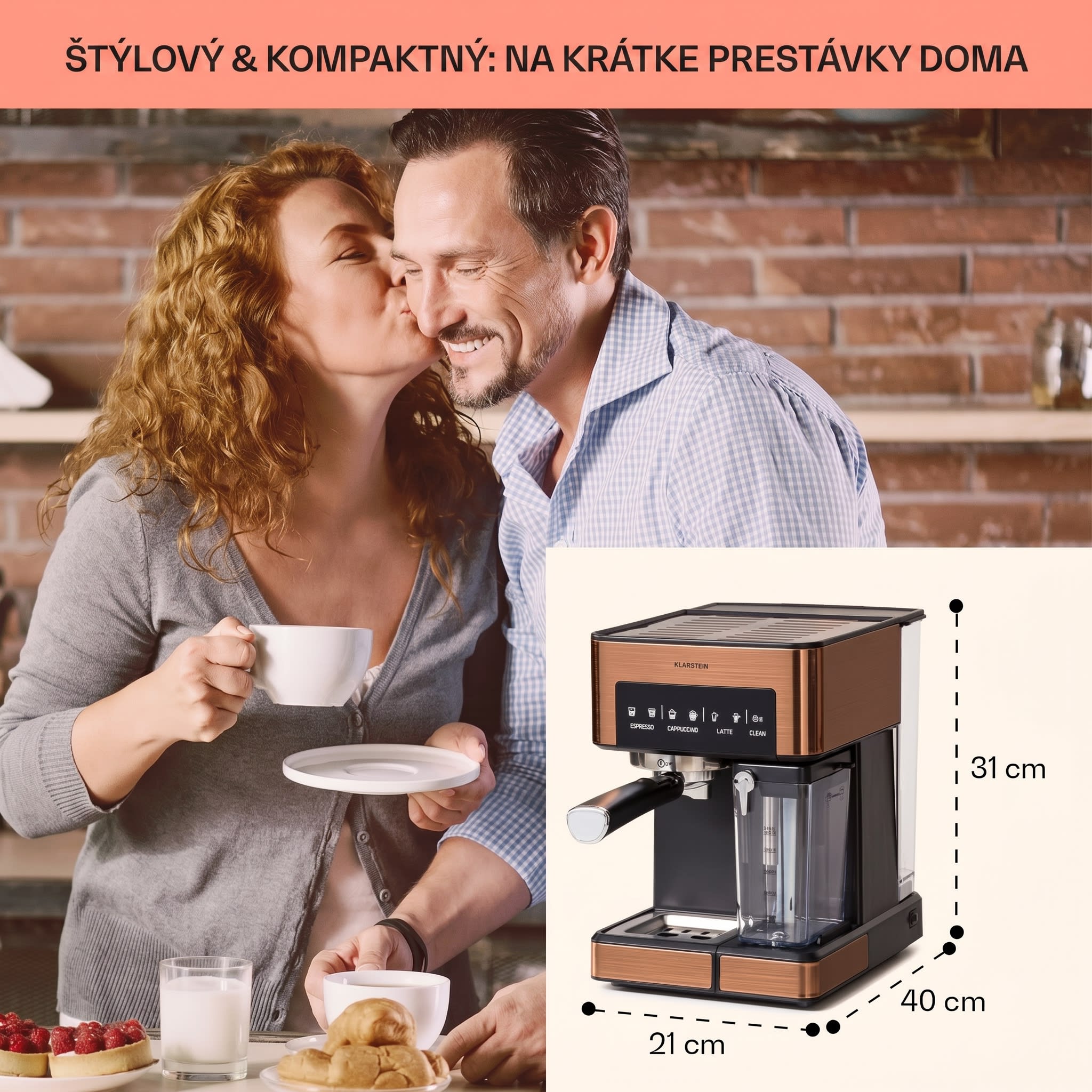 Klarstein Arabica Comfort kávovar s portafiltrom, 1350 W, 20 bar, 1,8 l, dotykový ovládací panel – Obrázok 4
