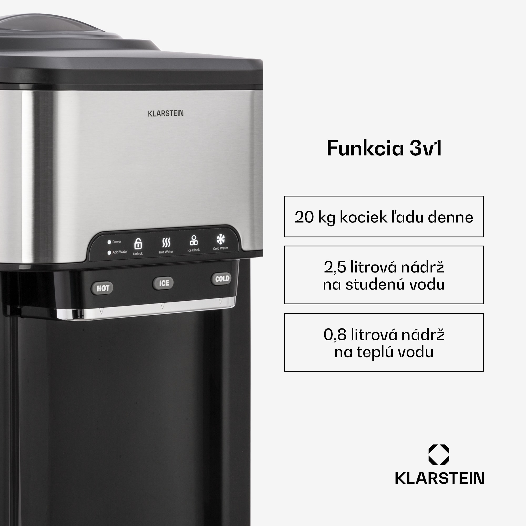 Klarstein Aqueous, výrobník ľadu 3 v 1, kocky ľadu, 20 kg/24h, dávkovač vody: horúca a studená