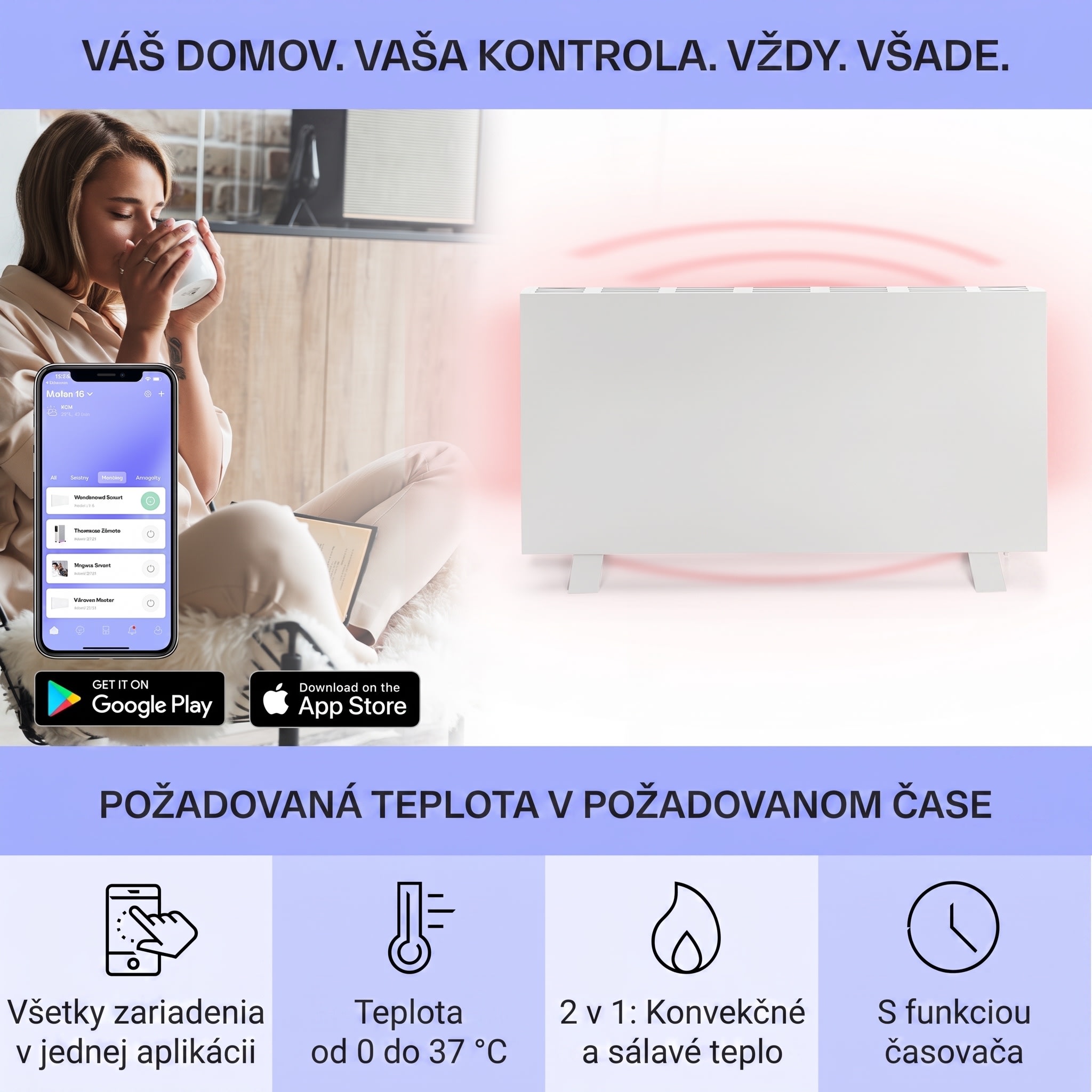 Klarstein Taal Smart, hybridný infračervený ohrievač, 105 x 56 cm, 750 W, týždenný časovač, IP24 – Obrázok 2