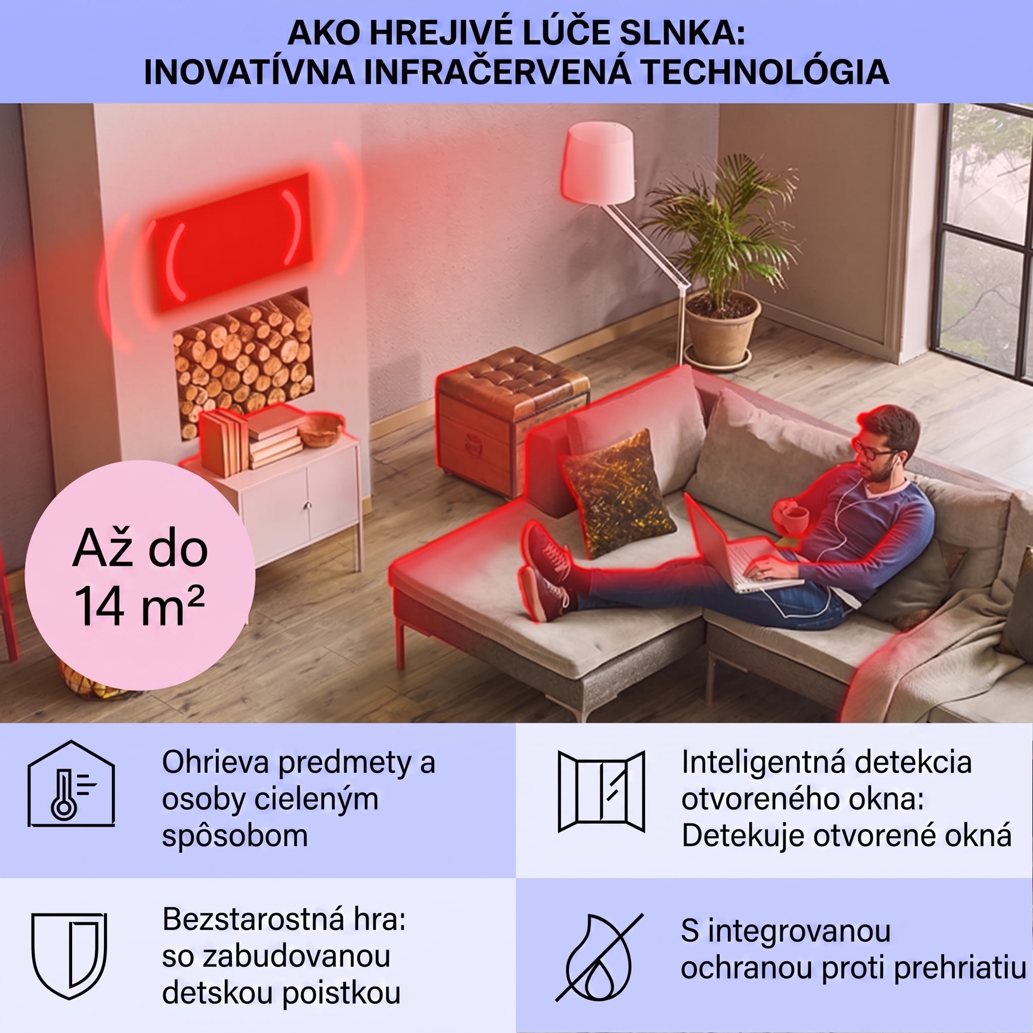 Klarstein Taal Smart, hybridný infračervený ohrievač, 105 x 56 cm, 750 W, týždenný časovač, IP24 – Obrázok 3