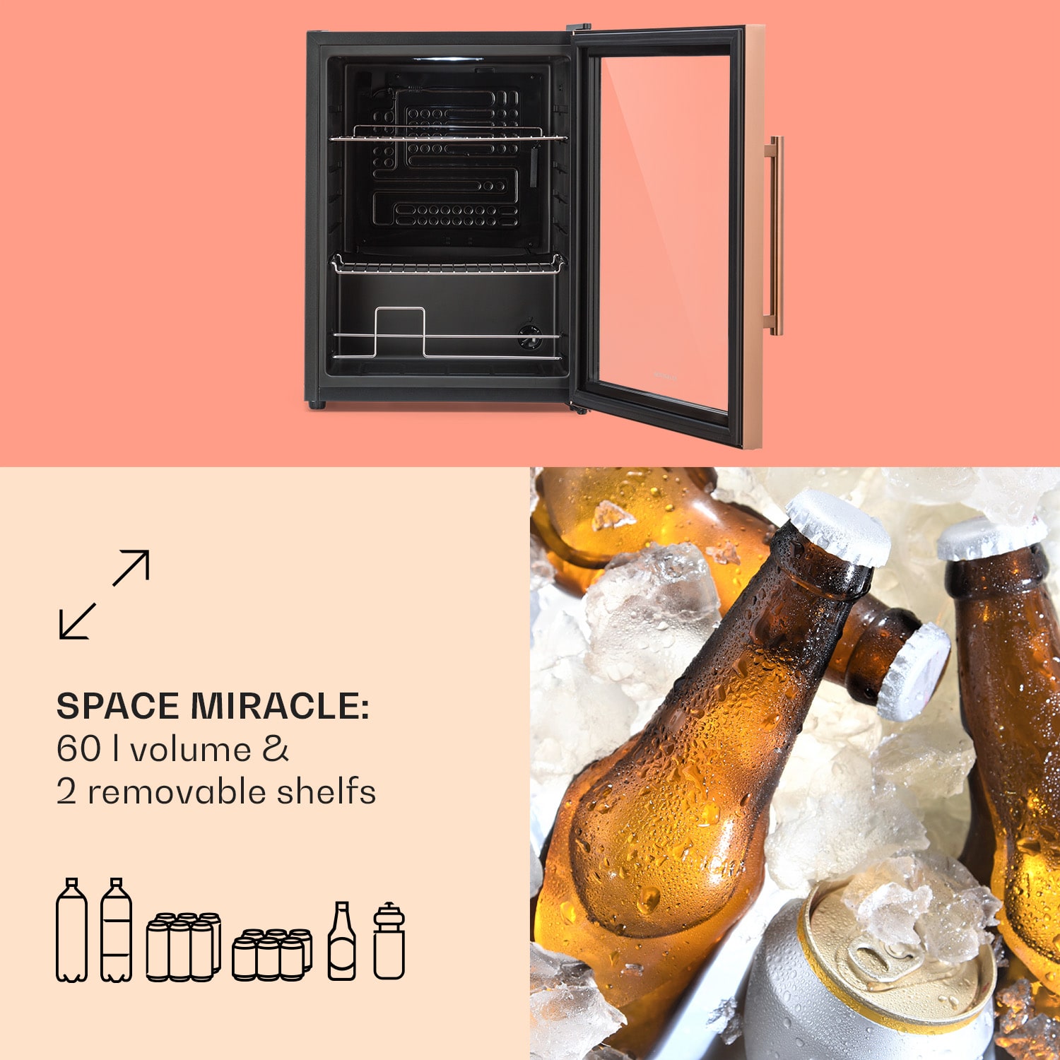 Klarstein Beersafe XL, chladnička, 60 l, 2 police, dvojitá izolácia panoramatických dvierok, nehrdzavejúca oceľ – Obrázok 4