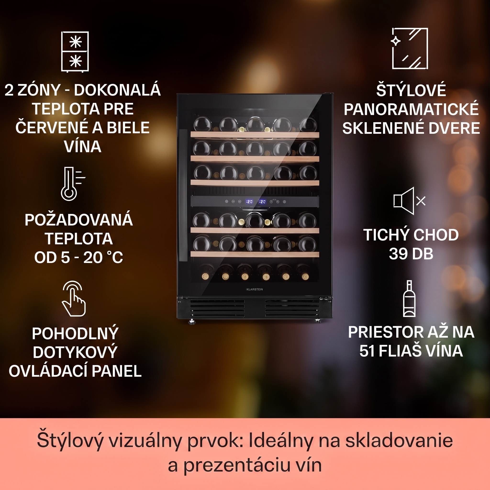 Klarstein Vinovilla 50 Duo dvojzónová vinotéka 53 l 17 fliaš 3-farebné sklenené dvere