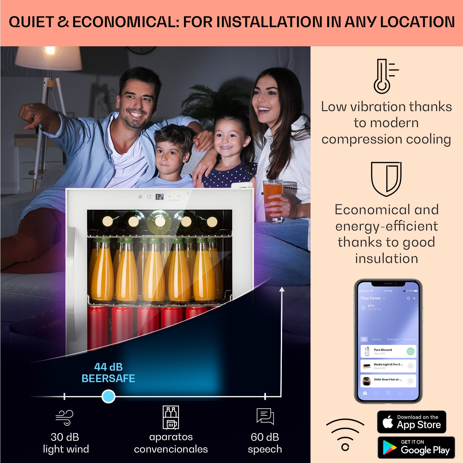 Klarstein Coachella 50 Smart, chladnička, 50 l, funkcia WiFi, podsvietenie, nehrdzavejúca oceľ. – Obrázok 2