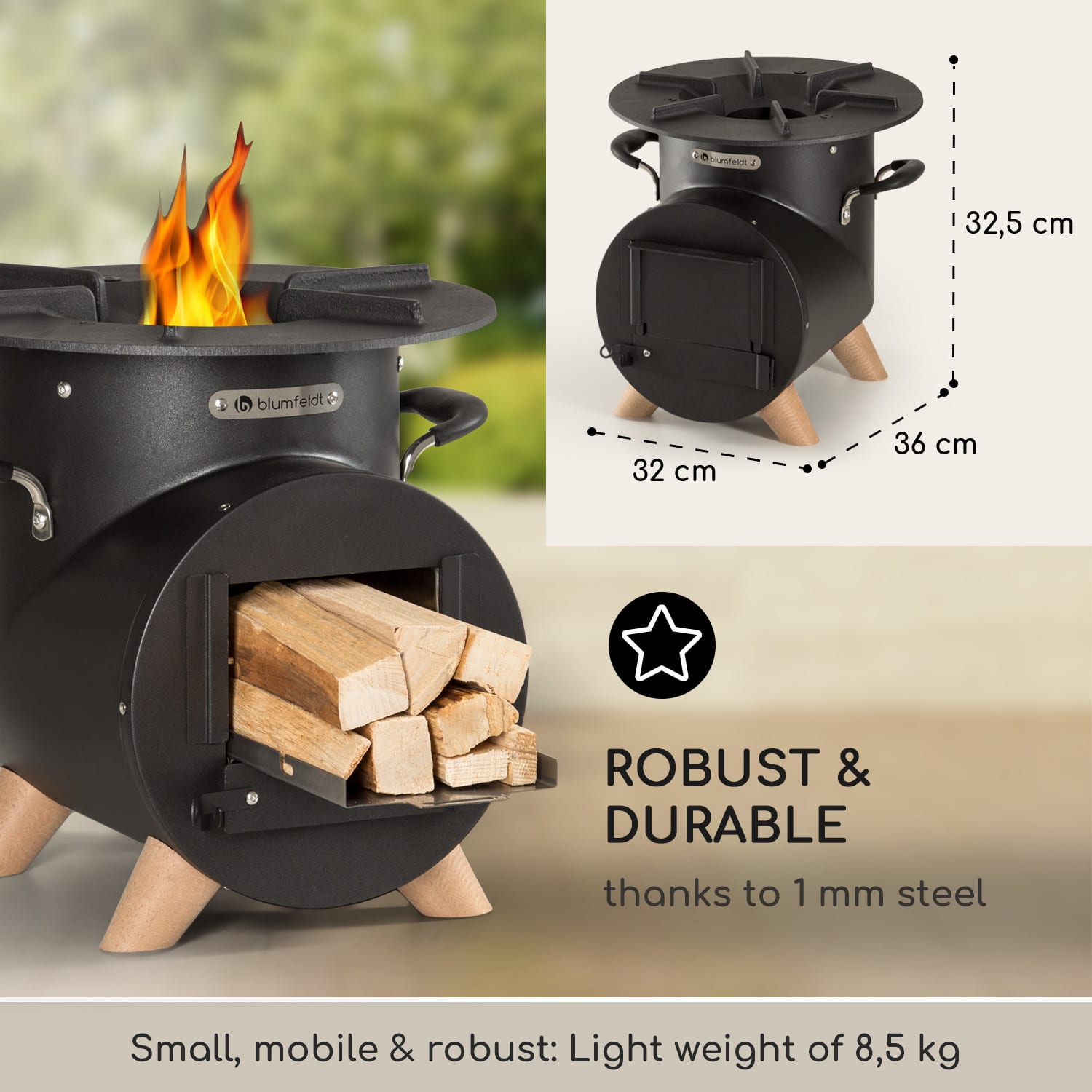 Blumfeldt Oshima Rocket Stove Camping Stove šetrný k životnému prostrediu mobilná oceľ – Obrázok 4