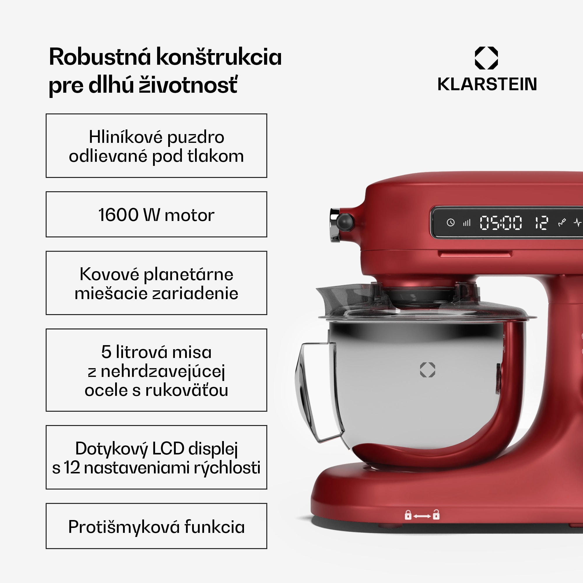 Klarstein Chiara kuchynský robot, 1600 W, 12 nastavení, misa z nehrdzavejúcej ocele, LCD displej, vrátane príslušenstva
