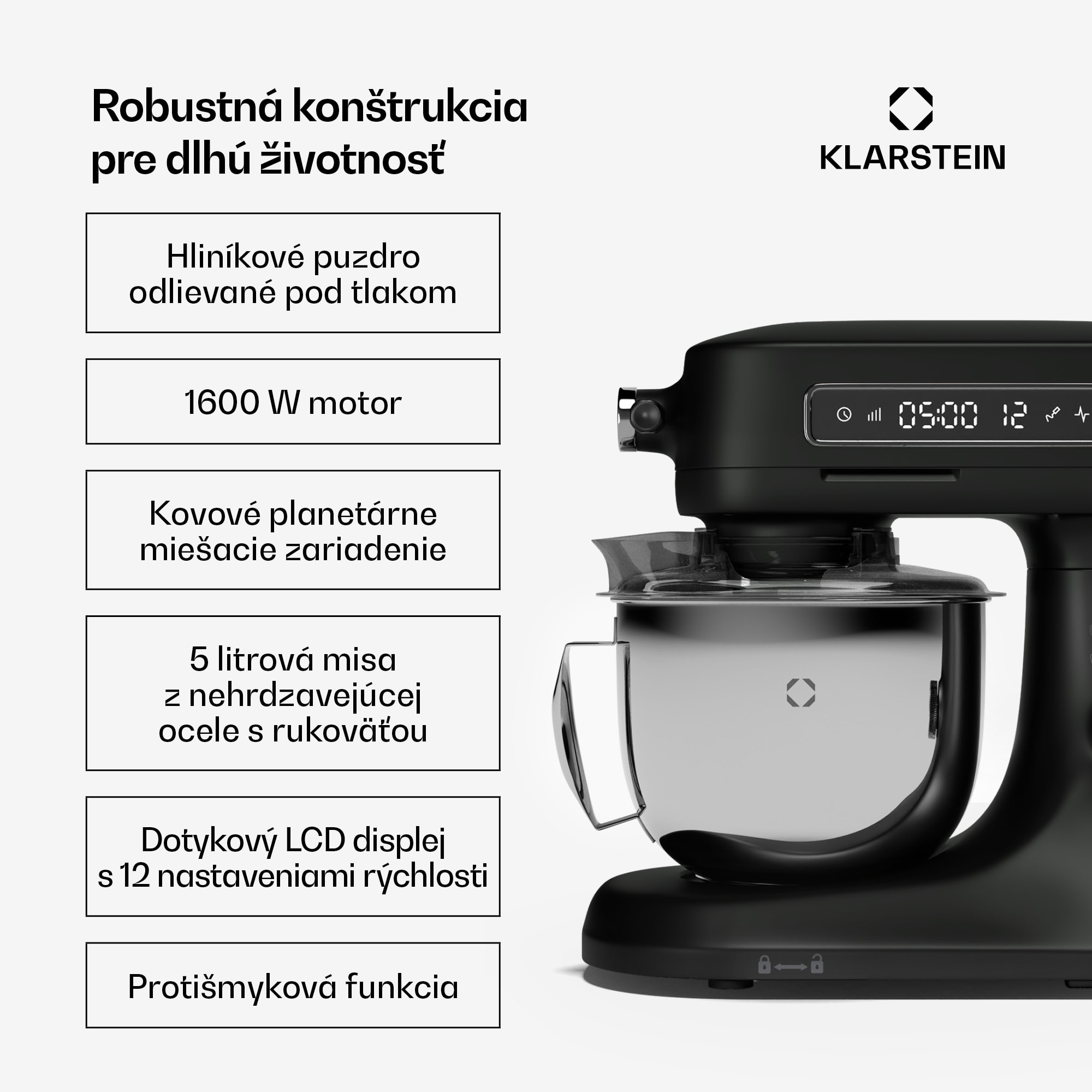 Klarstein Chiara kuchynský robot, 1600 W, 12 nastavení, misa z nehrdzavejúcej ocele, LCD displej, vrátane príslušenstva